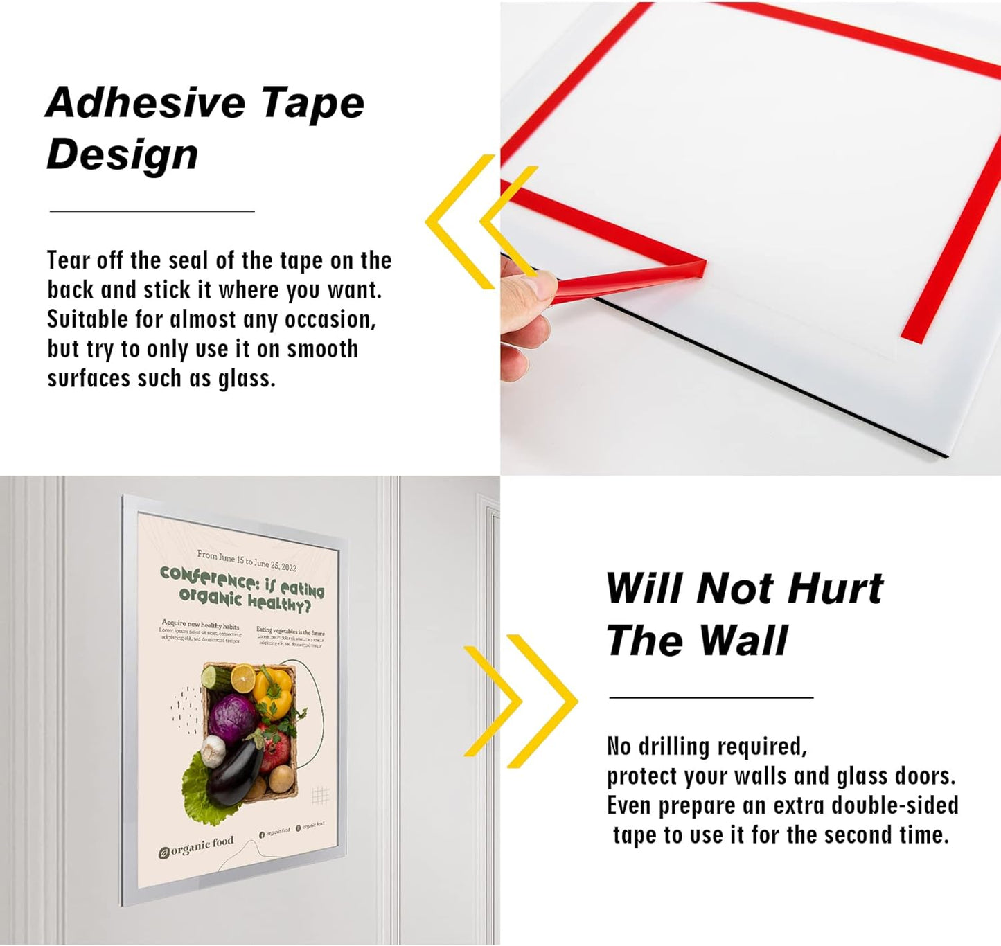 Acrylic Magnetic Sign Holder, Easy-Opening 8.5 x 11 Wall Mount Display Frames, Self Adhesive Back Plastic Clear Document Frame, Horizontal & Vertical Display (Silver, 3Pack)