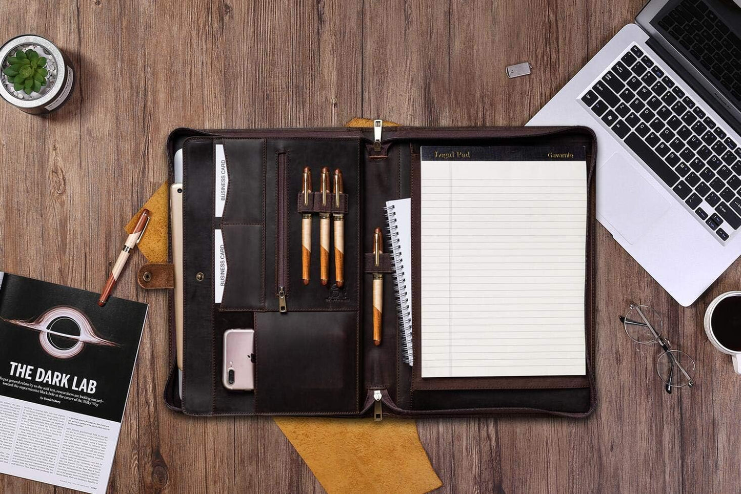 Genuine Leather Business Portfolio Padfolio Folder with Zipper for Men, Men's Leather Padfolio Folder for 13" Laptop, Business Portfolio with Letter Size Notepad, Graduation Gift,Dark Brown