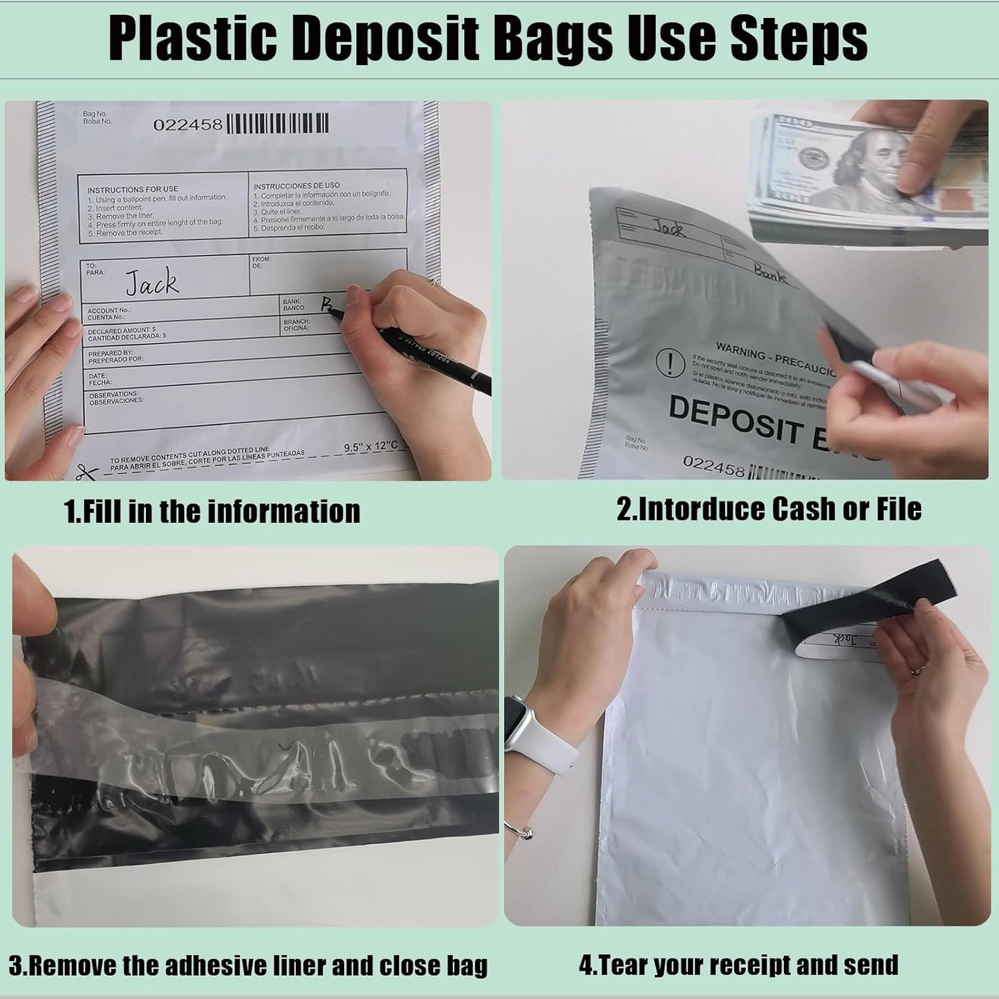 Plastic Deposit Bags 30-Pack 9.5''x 15'', Clear Security Bank Deposits,Cash register,Money bag for Cash,Bank Pocket,Tamper-Evident,Unique Barcode