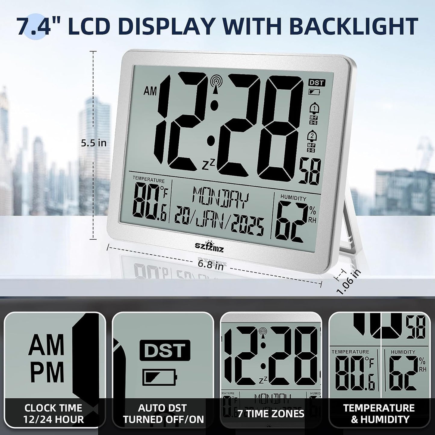 Digital Wall Clock Battery Operated with Backlight, Atomic Alarm Clocks with Indoor Temperature & Humidity for Bedrooms, Office, 8.5" Small Desk Clock with Large Display for Seniors, Auto DST, Sliver