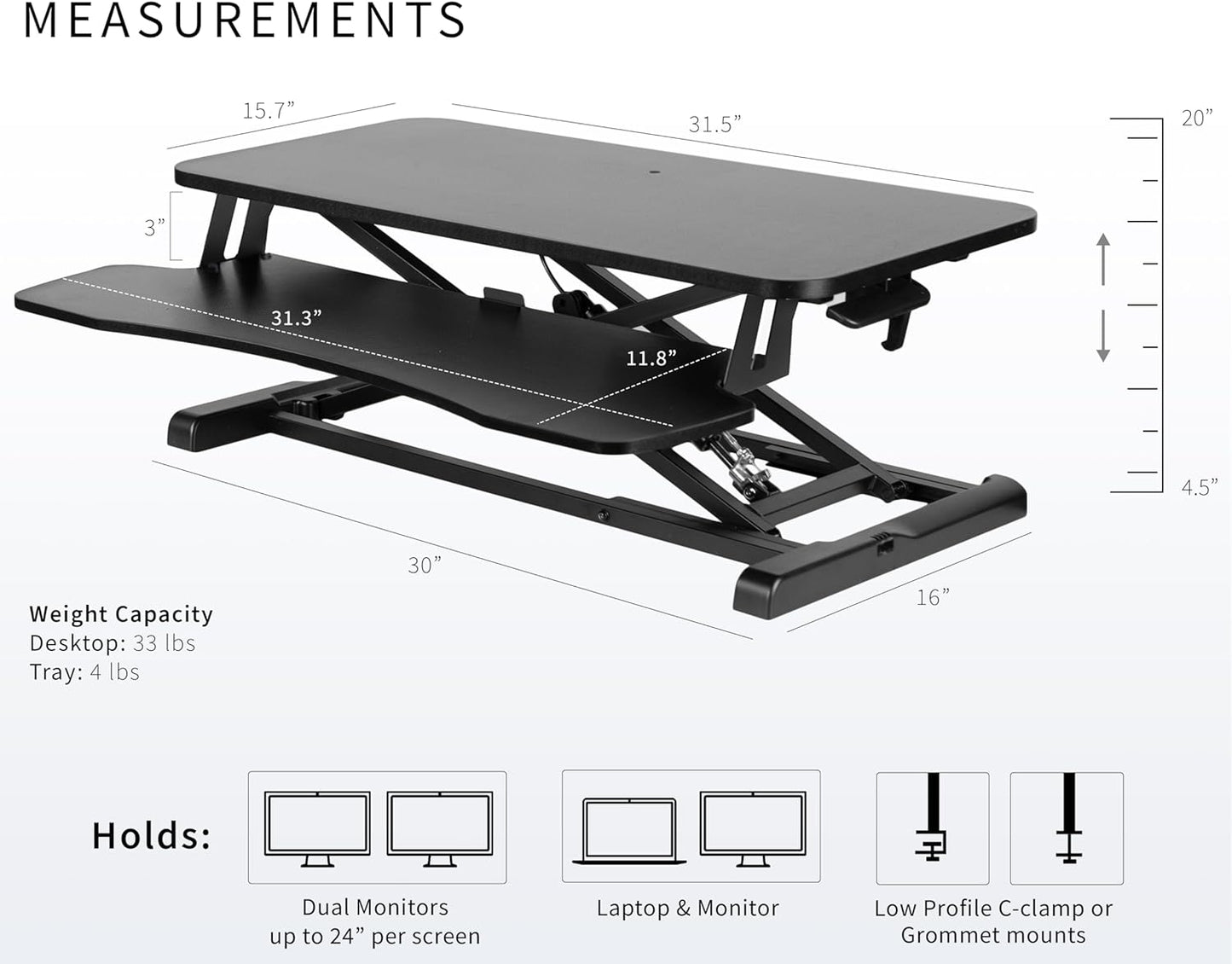 VIVO 32 inch Carbon Fiber Desk Converter, K Series, Height Adjustable Sit to Stand Riser, Dual Monitor and Laptop Workstation with Wide Keyboard Tray, Black, DESK-V000KR