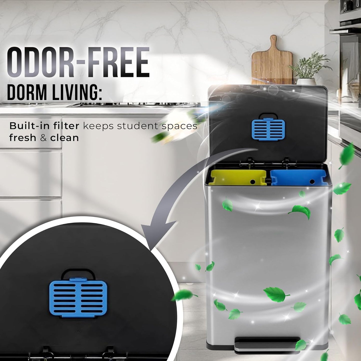 Simpli-Magic 16 Gallon (60L) Step Trash Can – Dual Compartment Kitchen Garbage Can – Waste & Recycling Bins, Slow-Close Lid, Odor Control, Hands-Free, Easy to Clean, Infinity Edge Stainless Steel