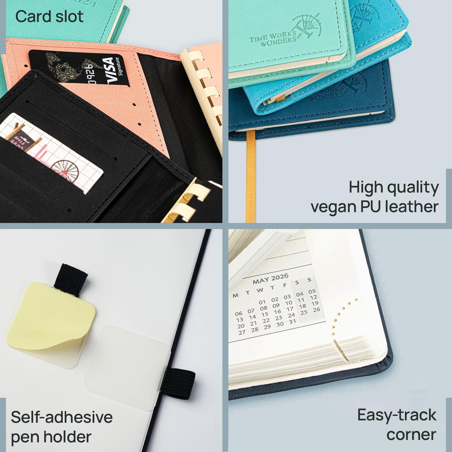 POPRUN 2026 Pocket Planner (Slim Size 3.5" x 6.5") Weekly and Monthly Calendar for Purse, with Hourly Time Slots, 100GSM Thick Paper, Spiral Soft Cover, Pen Holder - Grey