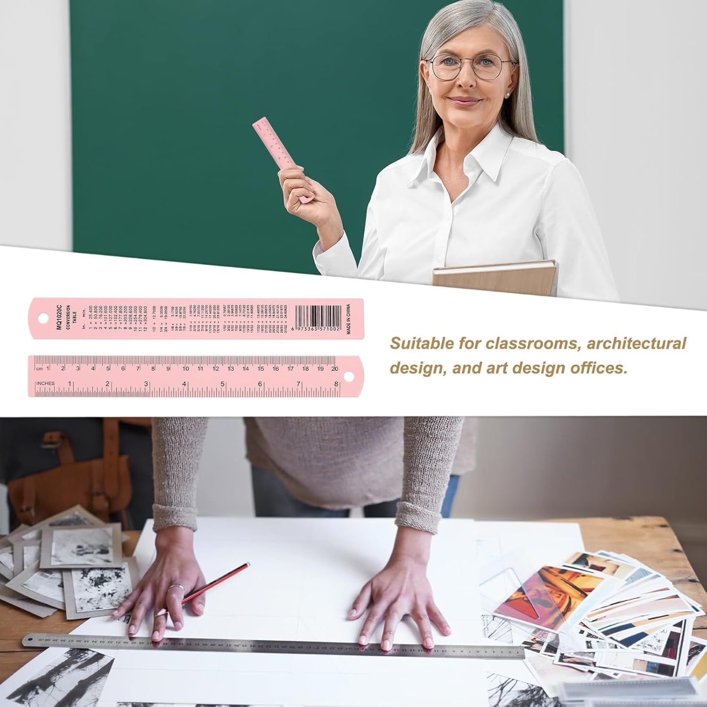 HARFINGTON 4pcs Metal Straight Ruler 20cm Metric SAE Aluminum Alloy Measuring Rulers Scale Tool with Hole for Measure Study Reading Classroom Office, Pink