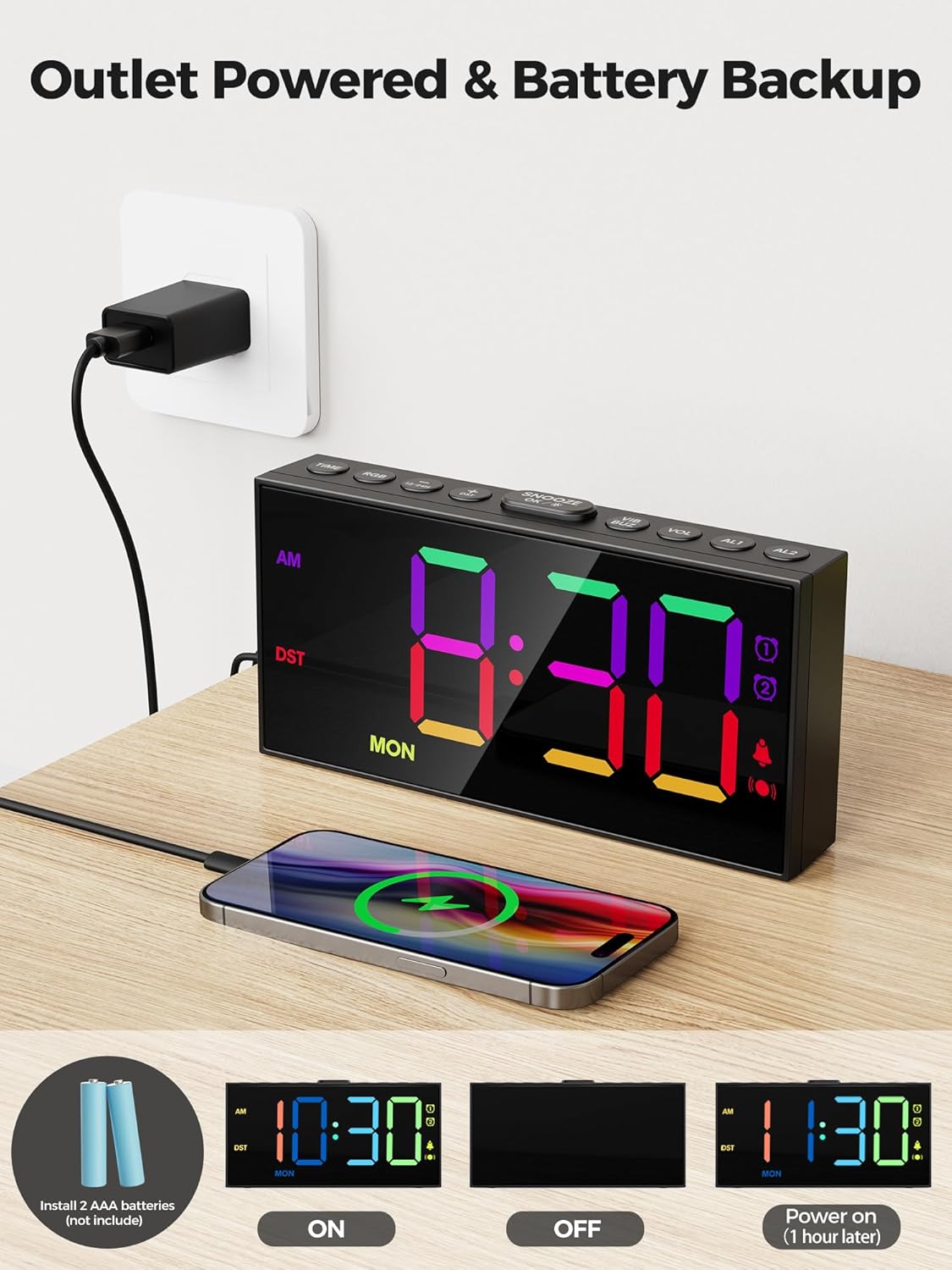 PPLEE RGB Bed Shaker Alarm Clock for Heavy Sleepers, Loud Vibrating Digital Clock with Dual Alarms, 3 Wake Modes, Weekday Display, Bedside USB Charger, Battery Backup, Dimmable for Kids Teens Seniors