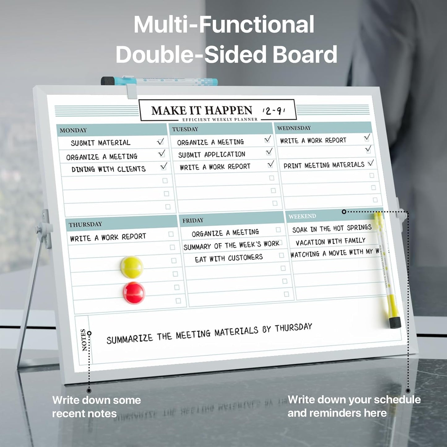 Dry Erase White Board with Stand,Double-Sided Weekly Whiteboard 12"x16",10 Markers,6 Magnets,1 Eraser,Portable Desktop Whiteboard for Planning,Weekly Schedule Board for School for Office