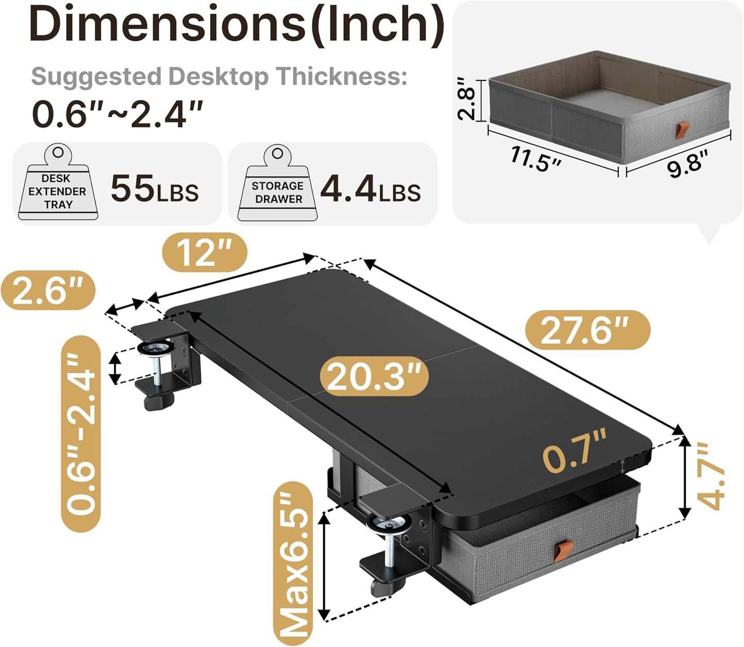 Desk Extender Tray, 28" x 12" Clamp On Desk Shelf, Desk Extension with Storage Drawer, Table Desk Arm Rest, Clamp On Keyboard Tray for Office and Home, Workstation Organizer, Large, Black