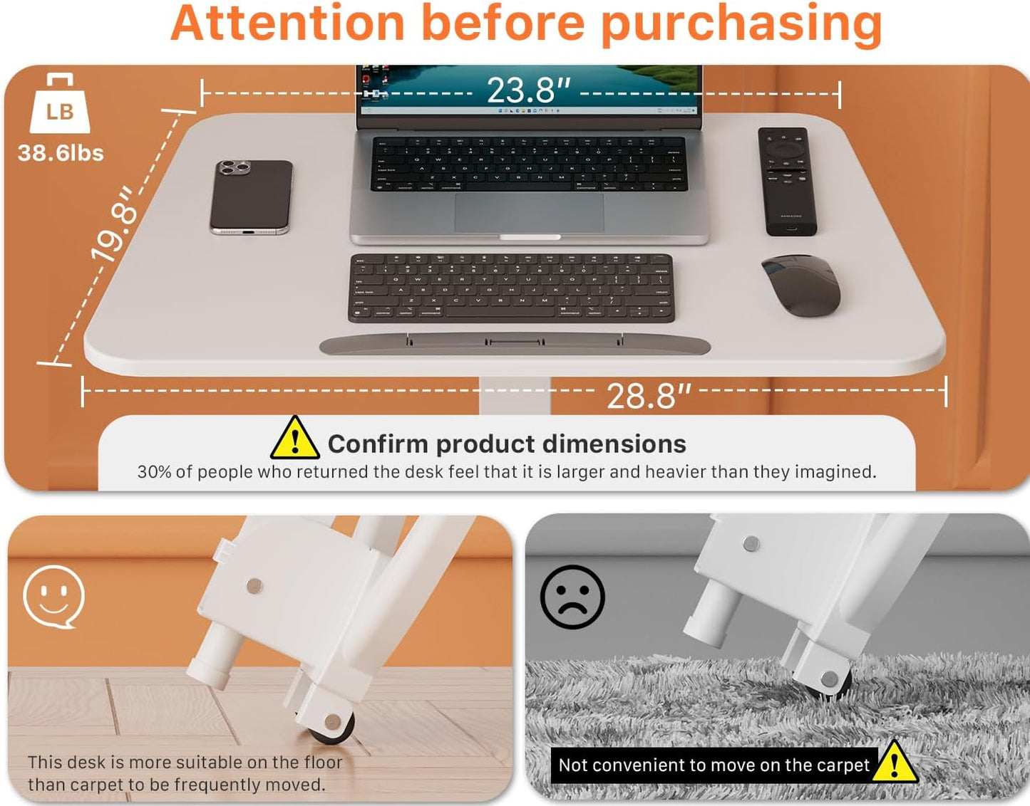 JOY worker Foldable Mobile Standing Desk, Height Adjustable Sit Stand Desk, 90° Tiltable Rolling Laptop Table, Portable Workstation with Wheels Non-Slip Mat for Home Office, Holds Up to 22lbs, White