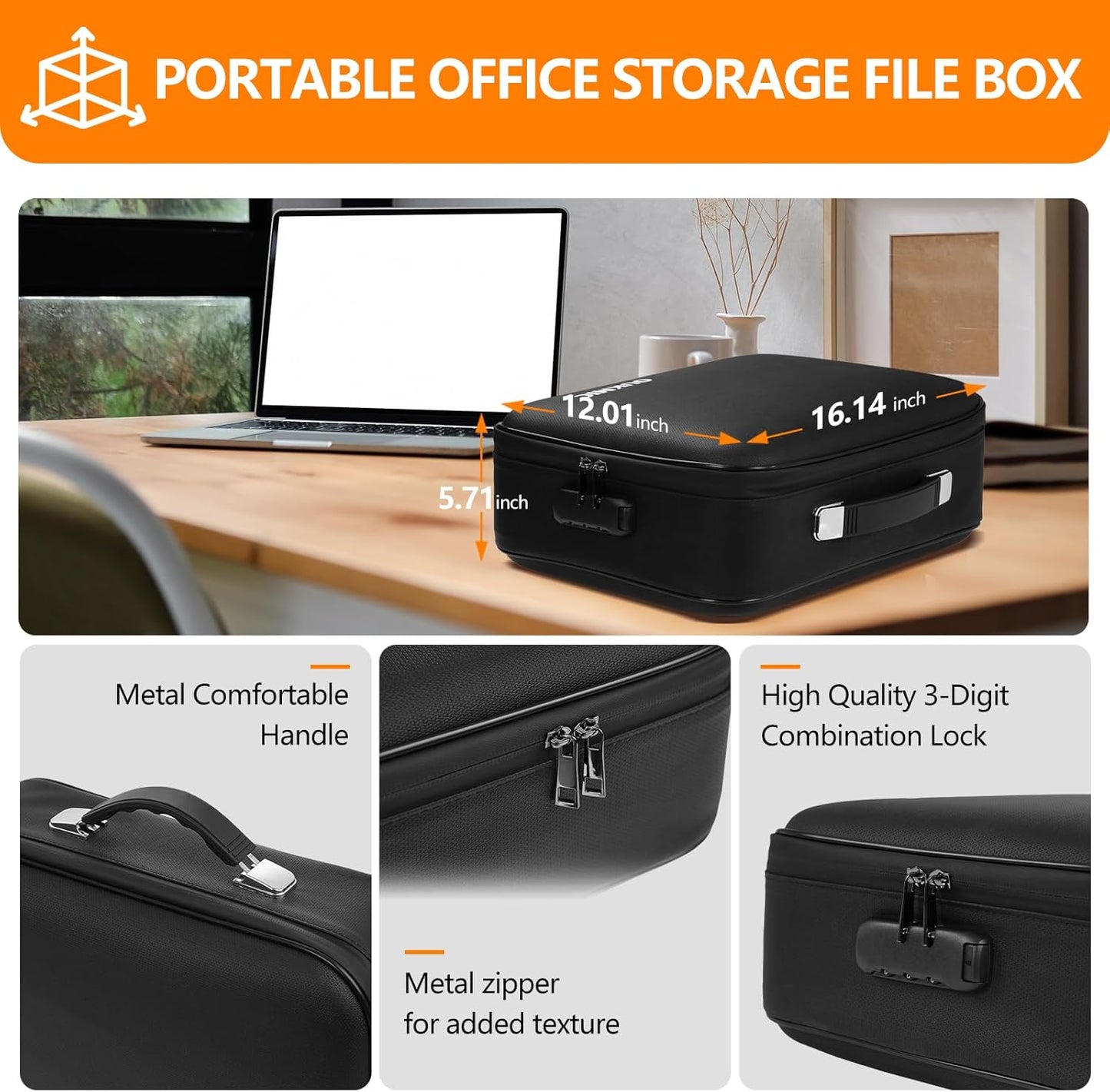 Fireproof Document Box with Lock, Portable Water Resistant File Organizer with Hard Case, 16" x 12"x 6" Home Travel Office Safe Storage for Important Documents, Passports, Laptop, Black