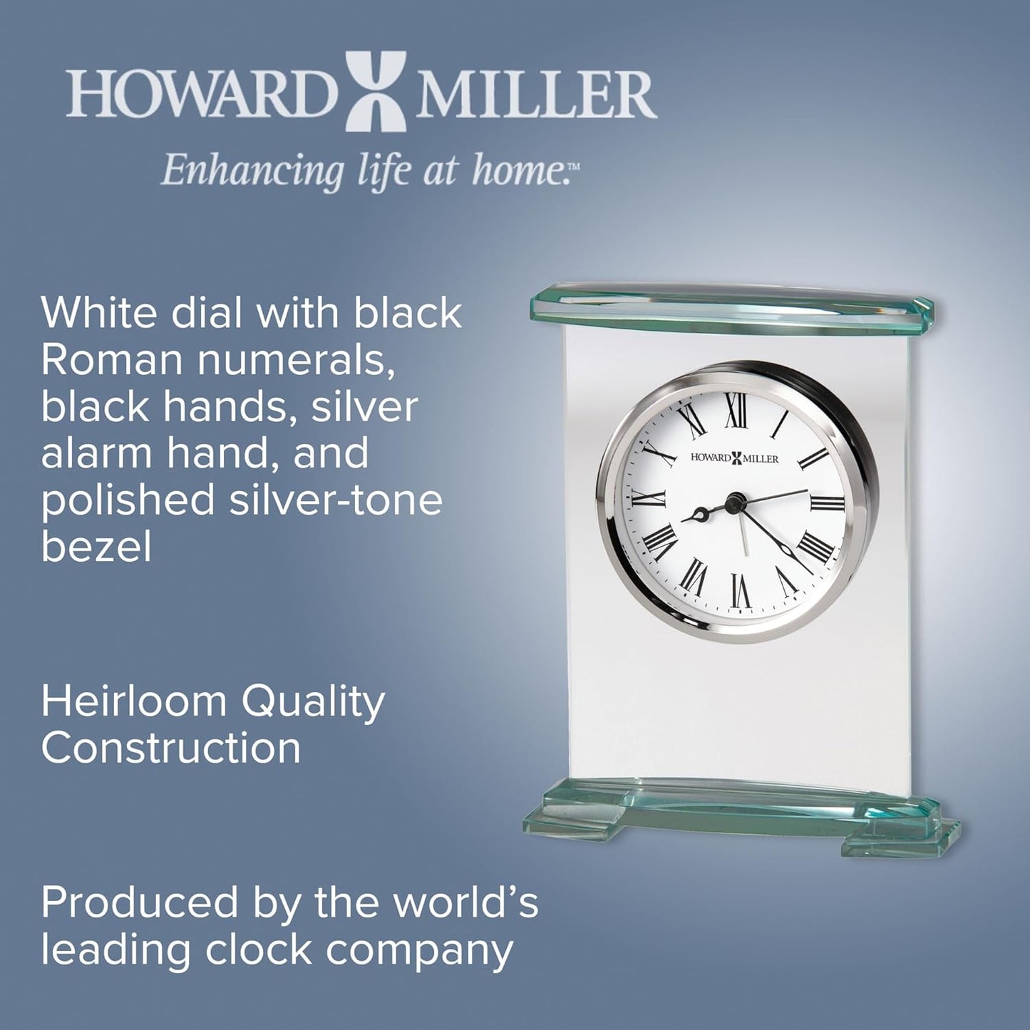 Howard Miller Augustine Tabletop Alarm Clock - Glass Bracket Style, Silent Quartz Movement, Modern Desk Clock with Roman Numerals, Battery Operated, Perfect for Home or Office Decor