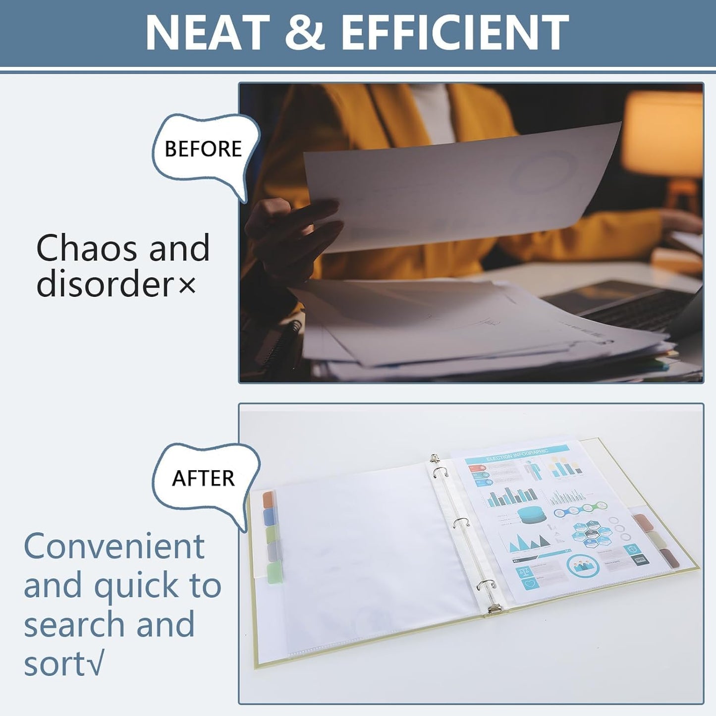 8 Set of 64 Pack Clear Binder Sheet Protectors for 3 Ring Binder Plastic Page Protector with 8 Tabs,Insertable Index Page Divider 8.5x11 Inch(Boho Color)