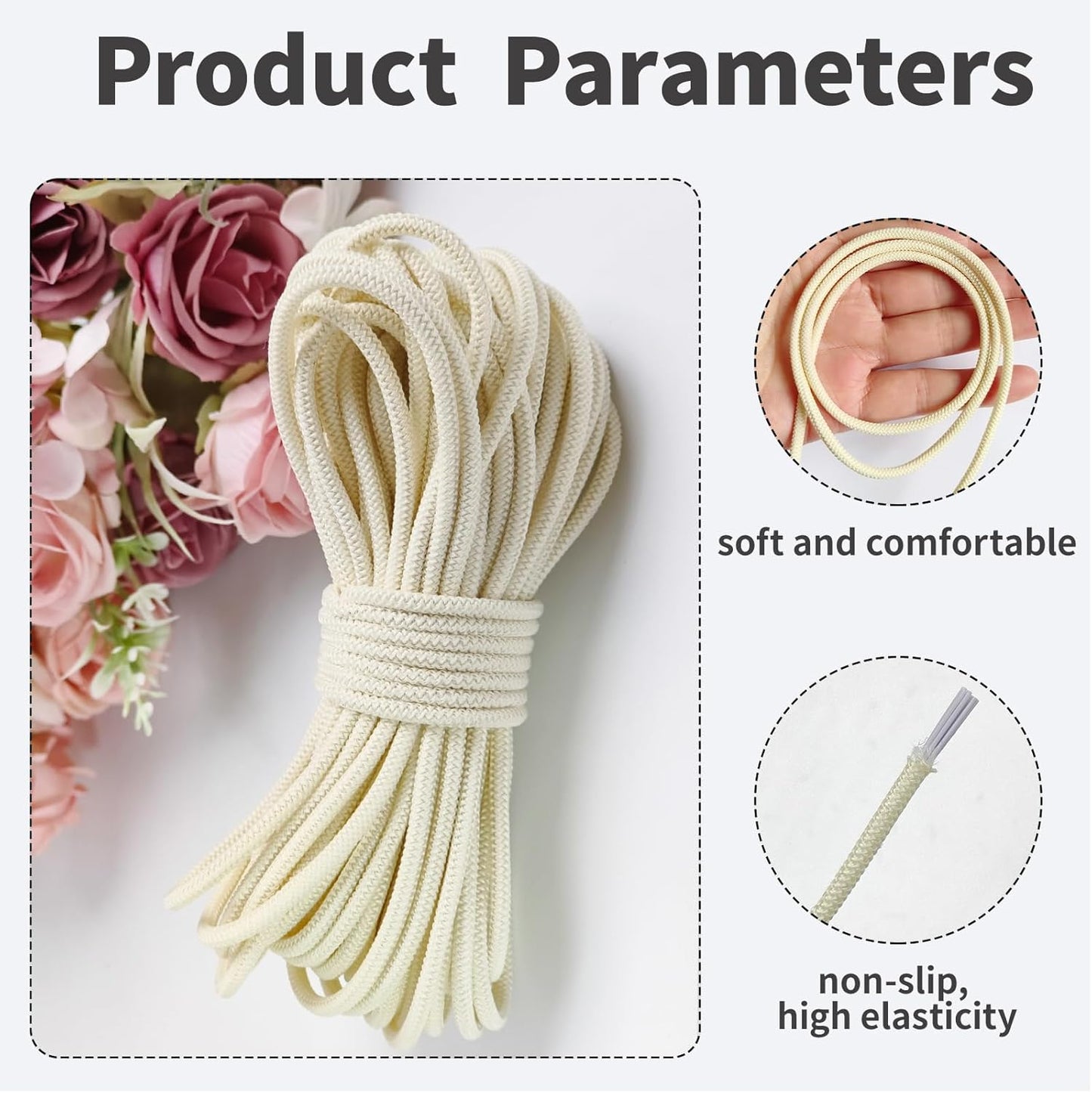 1/8 inch Non-Slip Elastic Band -3mm 15 Yards Soft Elastic Cord Stretch String Braided Thread for Sports Gear, DIY Crafts, Hair Bands, Shoelaces,Apparel Making & Camping Tie Down (Ivory)