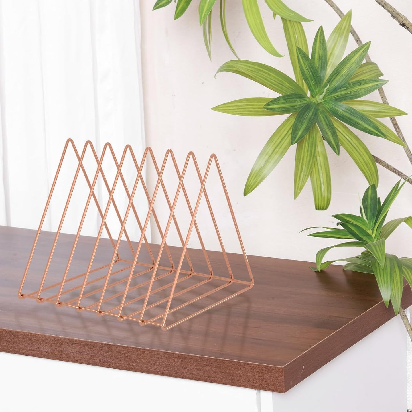 Urban Deco Triangle Desk Organizers Metal Wire Magazine Holder 7 Sections Decorative Vinyl Record Storage Office File Organizer For Desk - Rose Gold Magazine File Holder - 2 Pack