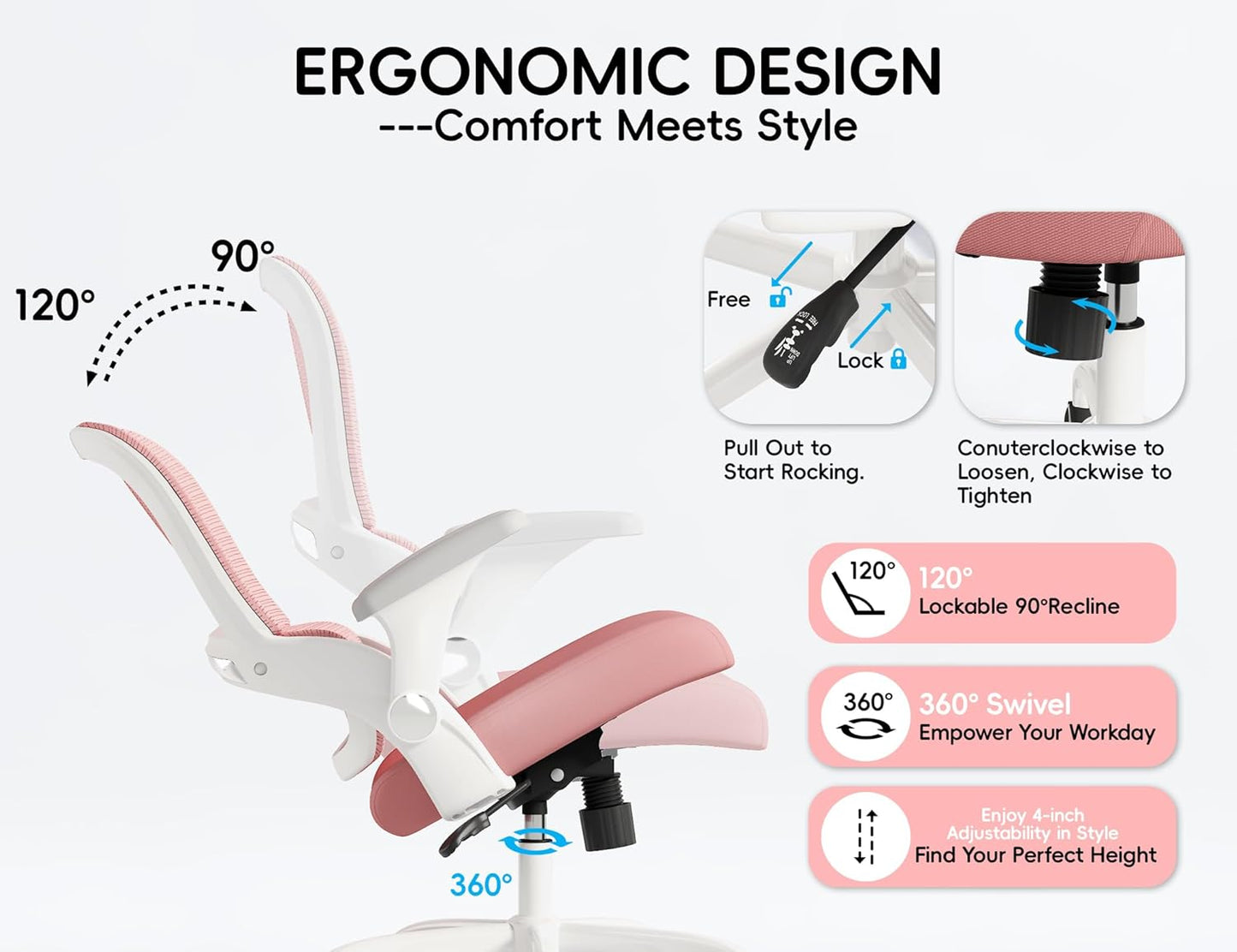 TRALT Office Chair - Ergonomic Office Chair with Back Support, Home Office Desk Chairs, Comfy Desk Chair, Computer Chair, 330lbs Wide Seat Big and Tall Office Chairs for Students (Pink)