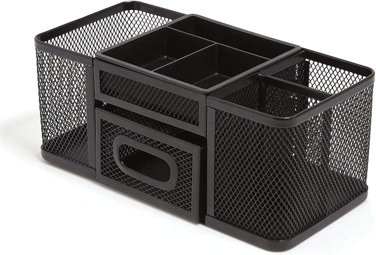 1InTheOffice Desk Supplies Organizer, Desk Caddy 7-Compartment Wire Mesh Accessory Holder, Matte Black