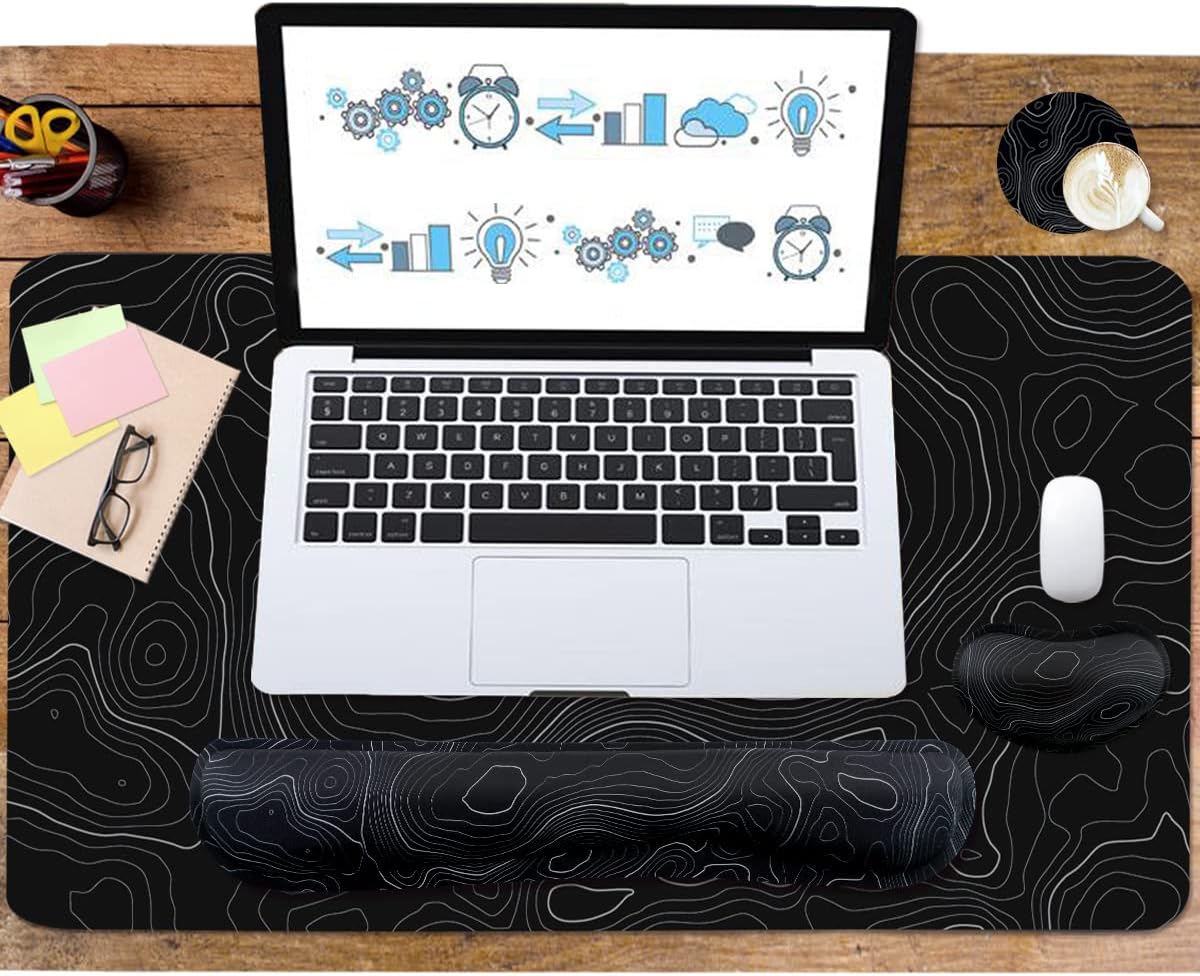 Topographic Mouse Pad Set, Extended Mouse Pad+Keyboard Wrist Rest, Memory Foam Ergonomic Easy Typing, 4Pcs (35.4×15.7 in) Desk Pad Set for Home Office Study Game-Topographic Contour