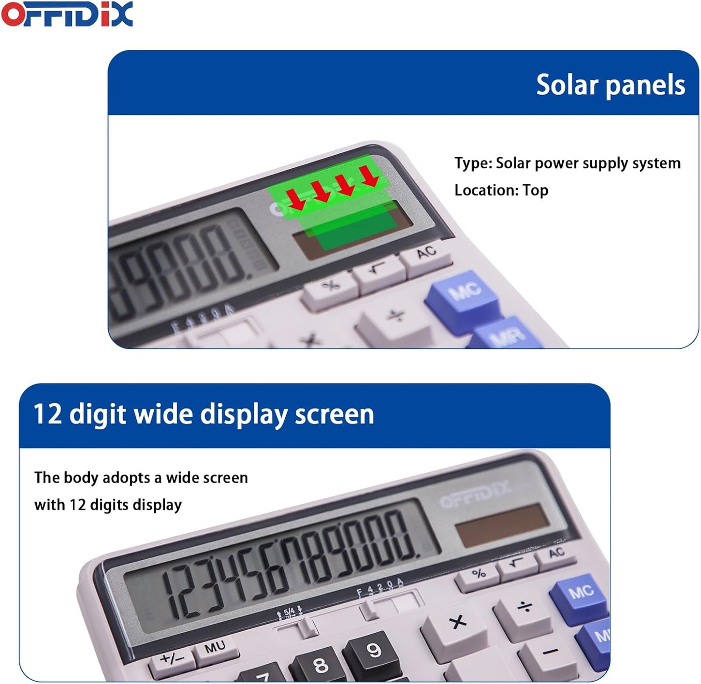 OFFIDIX Office Computer Key Electronic Calculator, Financial Calculators for Bank Stuff and Accouter, Financial Accounting Style 12-Digit Display with Battery and Solar Desktop Calculator