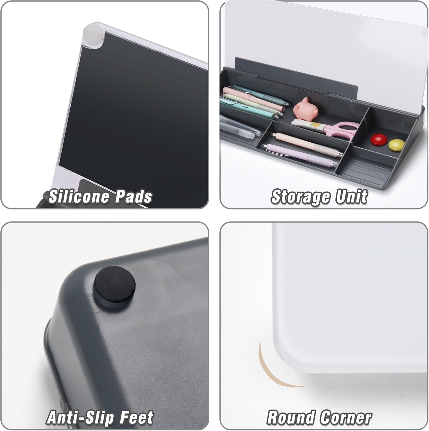 SELEAD Desktop Glass Whiteboard with Organizer, Markers, Eraser, Holder - Small Dry Erase White Board Computer Pad Keyboard Stand for Home, School, Office Desk Accessories - Grey