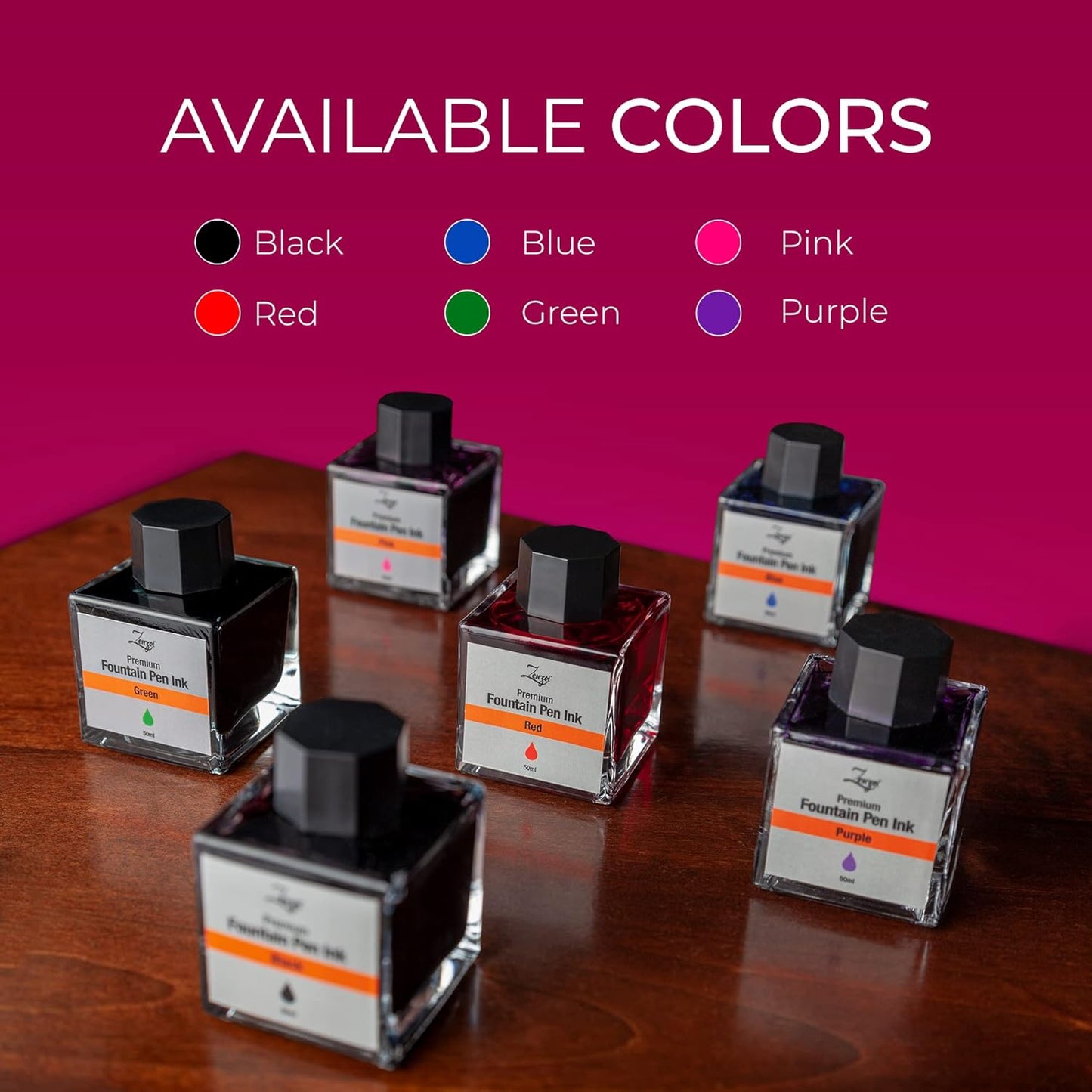 ZenZoi Fountain Pen Ink Bottle 50ml | Premium Designed Bottled Ink for Fountain Pens – Suitable for Calligraphy and All Branded Pens | Quick Drying and Smooth Flow Writing Experience (Pink)