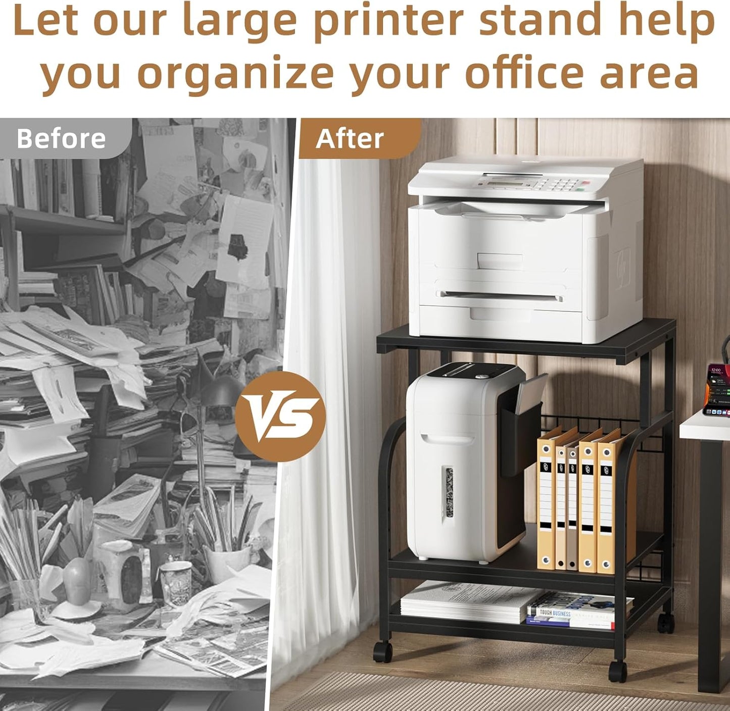 Lerliuo Large Printer Stand with Storage, 23.6"W x 18.9"D x 30.2"H, 5-Adjustable Shelf Heights Mobile 3 Tier Table with Lockable Wheels, Industrial Rolling Printer Cart, Black Stands for Home Office