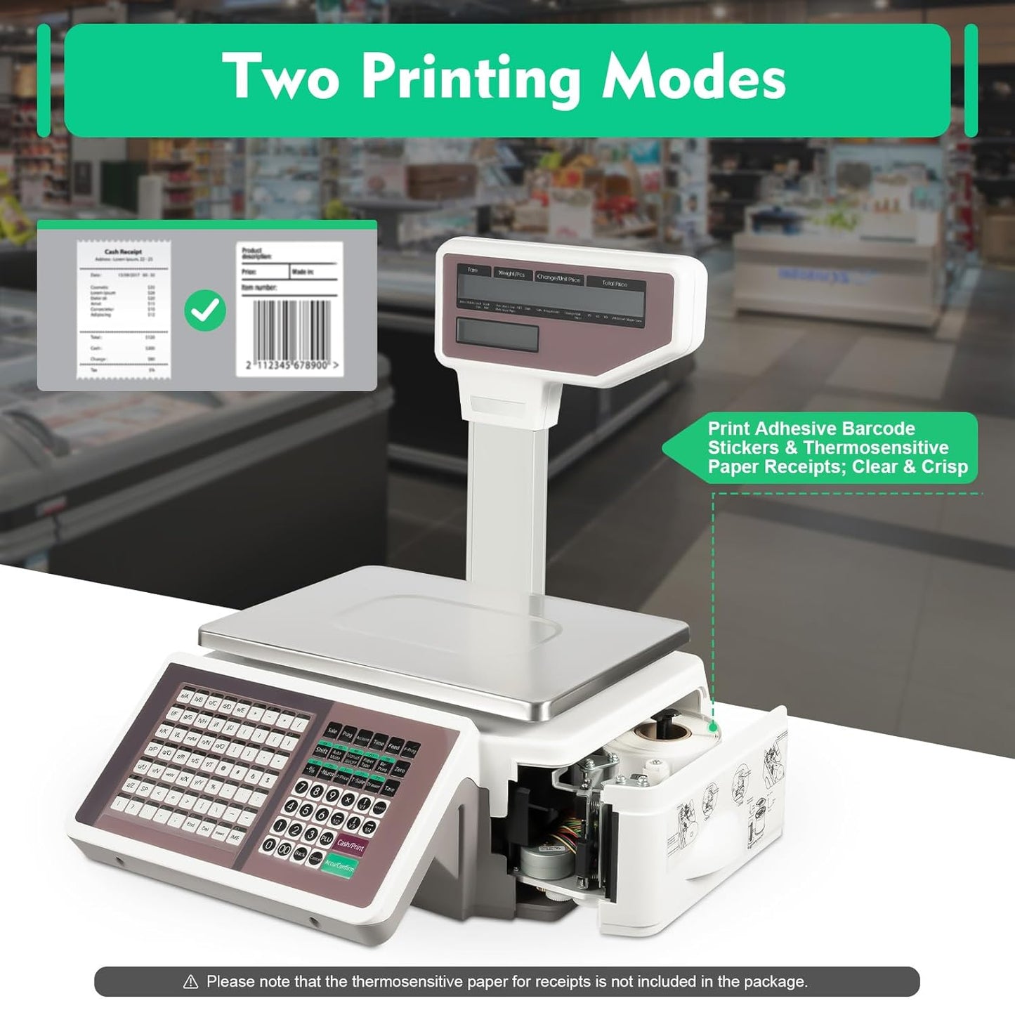 Label Printing Scale with Dual TD Thermal Label & Receipt Printer, 110-220V Electronic Price Computing Scale Pole Display, 66LBS Commercial Barcode Scale for Retail Outlet Store Food Meat Shop
