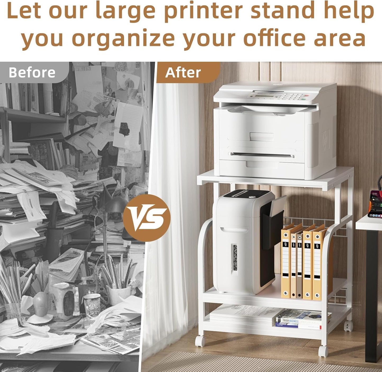 Lerliuo Large Printer Stand with Storage, 23.6"W x 18.9"D x 30.2"H, 5-Adjustable Shelf Heights Mobile 3 Tier Table with Lockable Wheels, Industrial Rolling Printer Cart, White Stands for Home Office