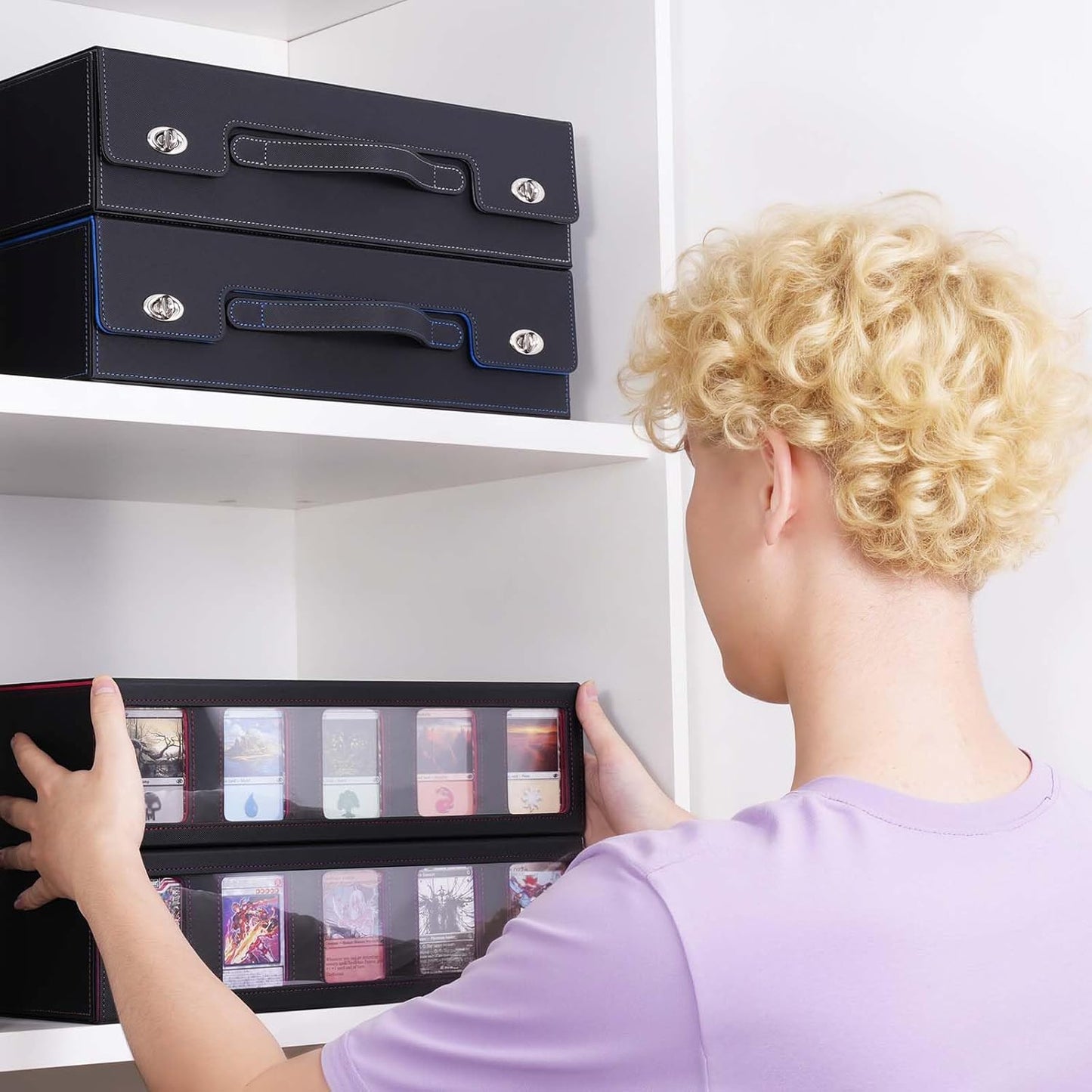 Trading Card Storage Box with Commander Display, 5 Row Magic Card Box with Handle & Aluminum Alloy Locking for 3900+ Unsleeved Cards Suits for MTG PTCG TCG Sports Cards (Black Gray)