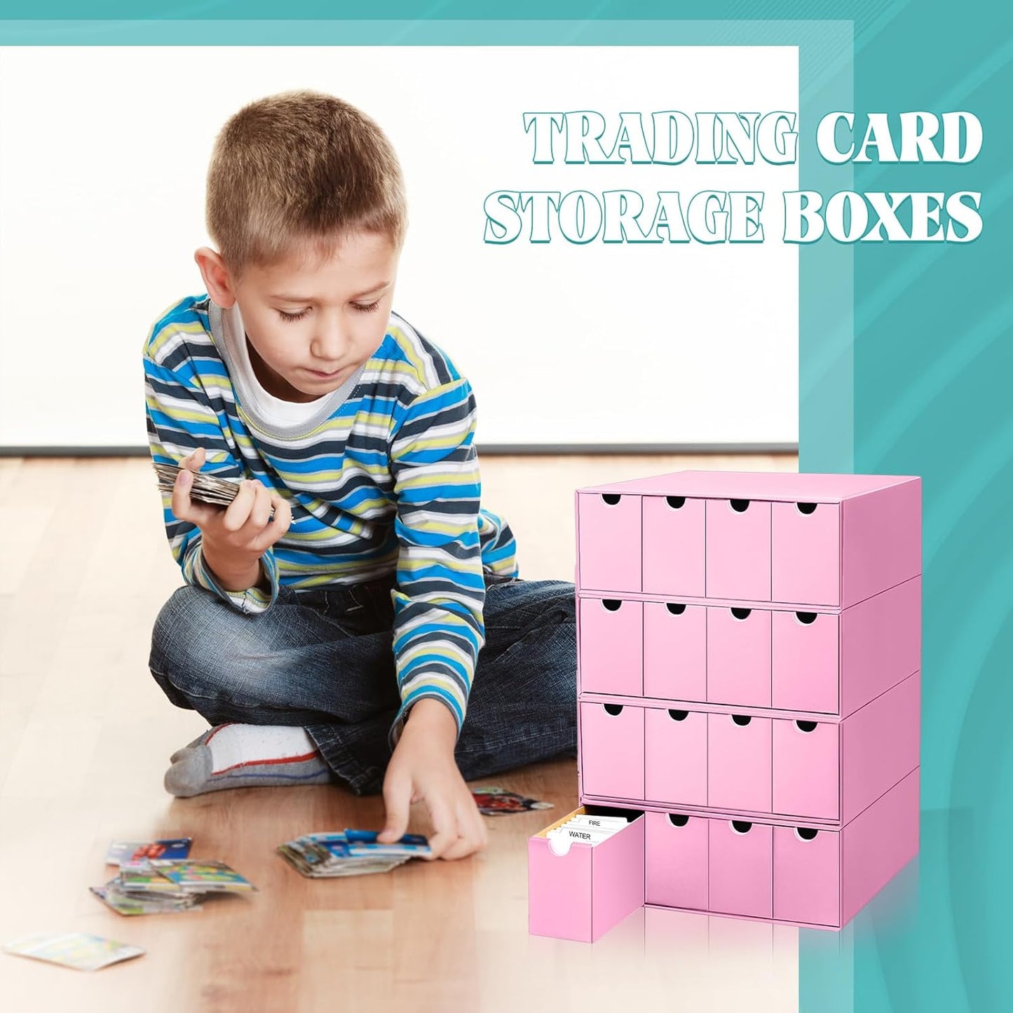 Cholemy Trading Card Storage Box 15000+ with 70 Cardboard Storage Divider, Label Sticker for Collection Compatible with TCG, Sport Cards(4 Row, 4 in A Row,Pink)