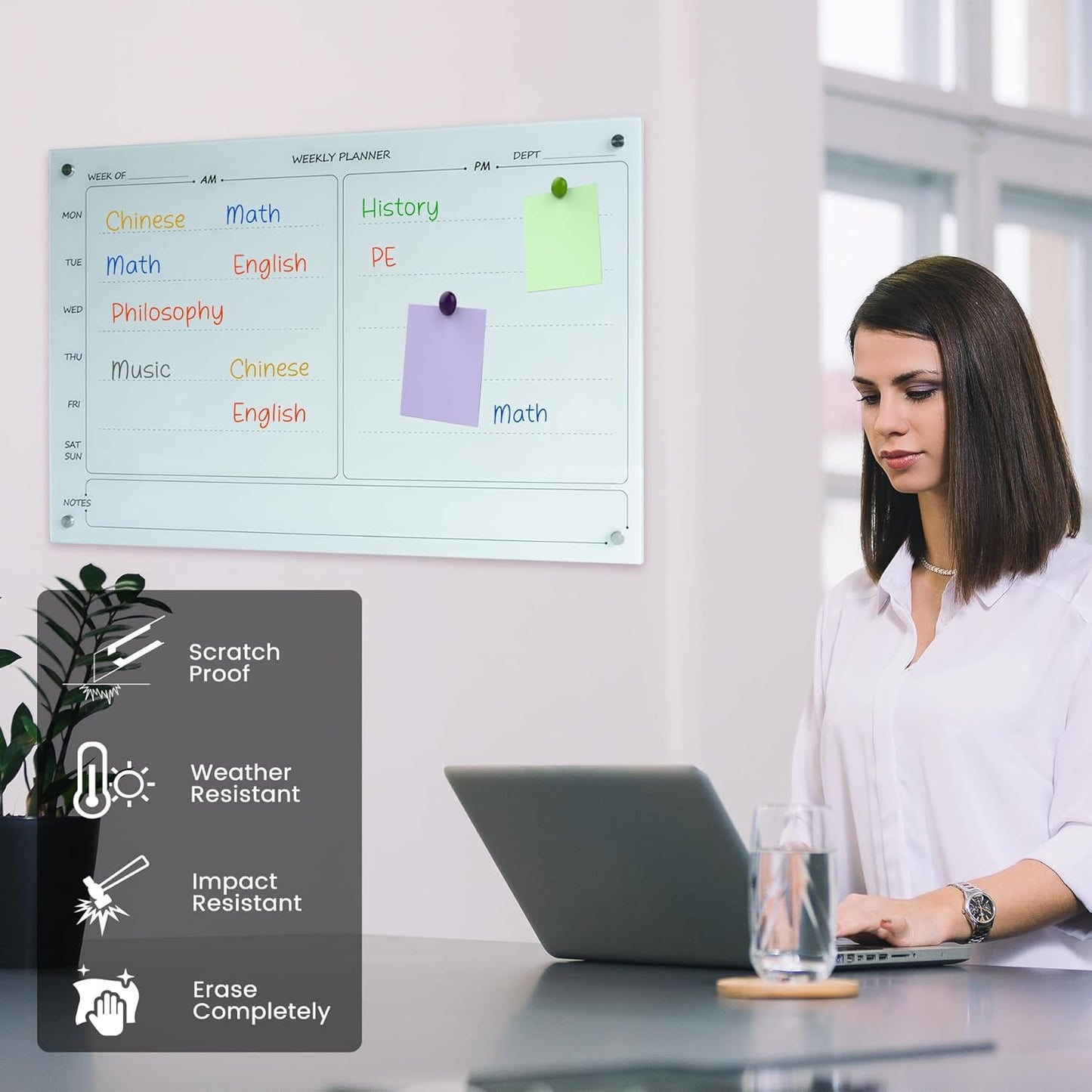 Magnetic Planner Writeboard 24"X36" Weekly Glass Calendar Ultra White Glassboard Premium Tempered Dry Erase Boards Frameless Wall Mounted (Ultra White)