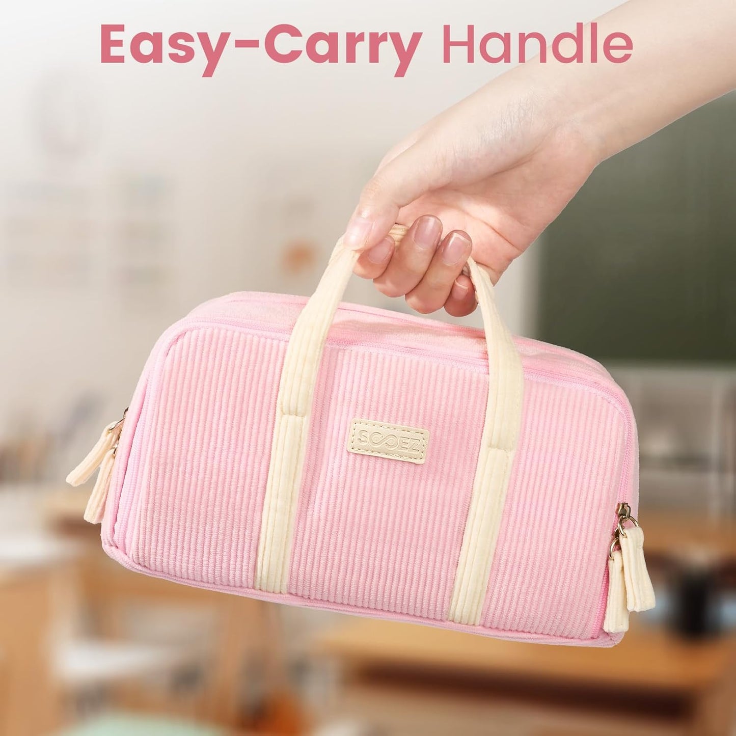 Sooez Large Pencil Case Pouch, Extra Big Pencil Bag with 5 Compartments, Pen Case Wide Opening, Soft Corduroy Pen Bag Organizer with Zipper, Cute Aesthetic School Supplies for Teen Girls, Blue