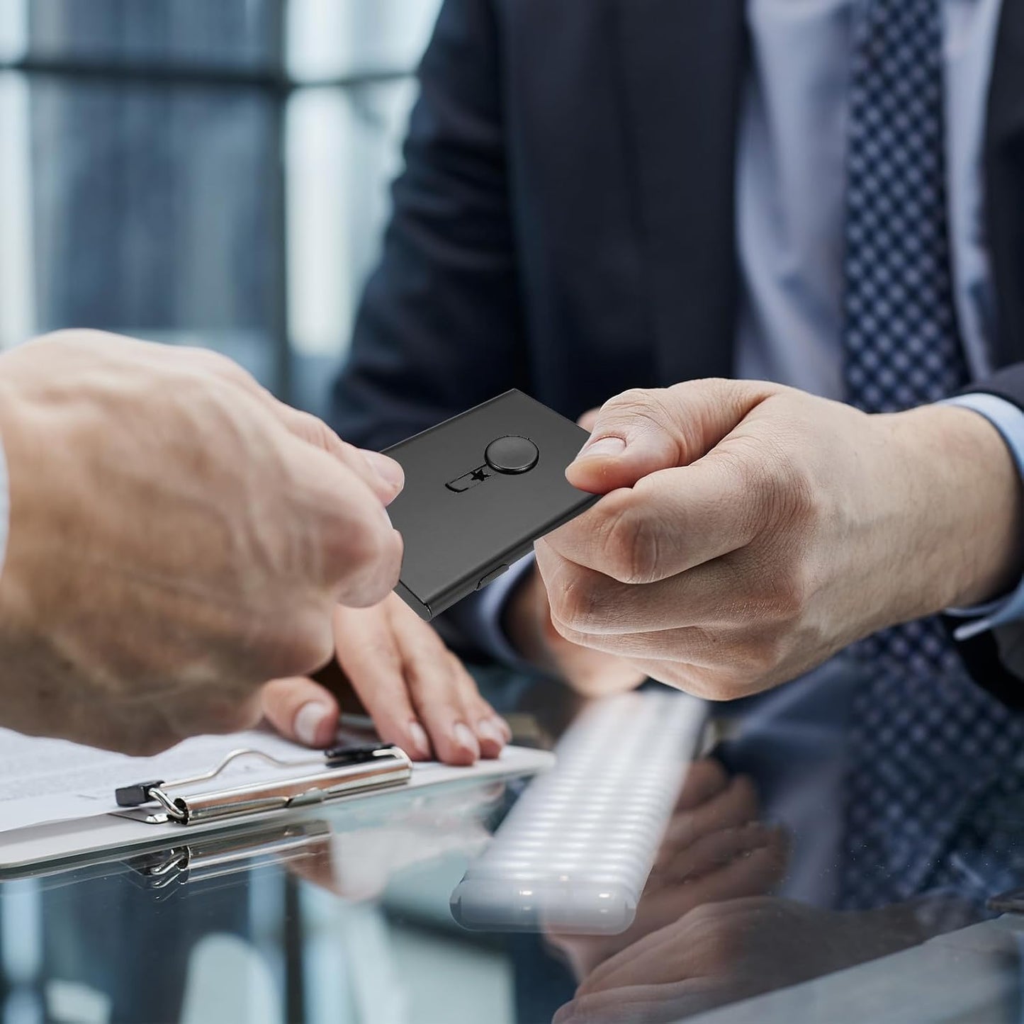 PATIKIL 2 Pcs Business Card Holder, Thumb Drive Business Card Holder Portable Business Card Holders Alloy Slide Out Card Case for Business Meeting, Grey