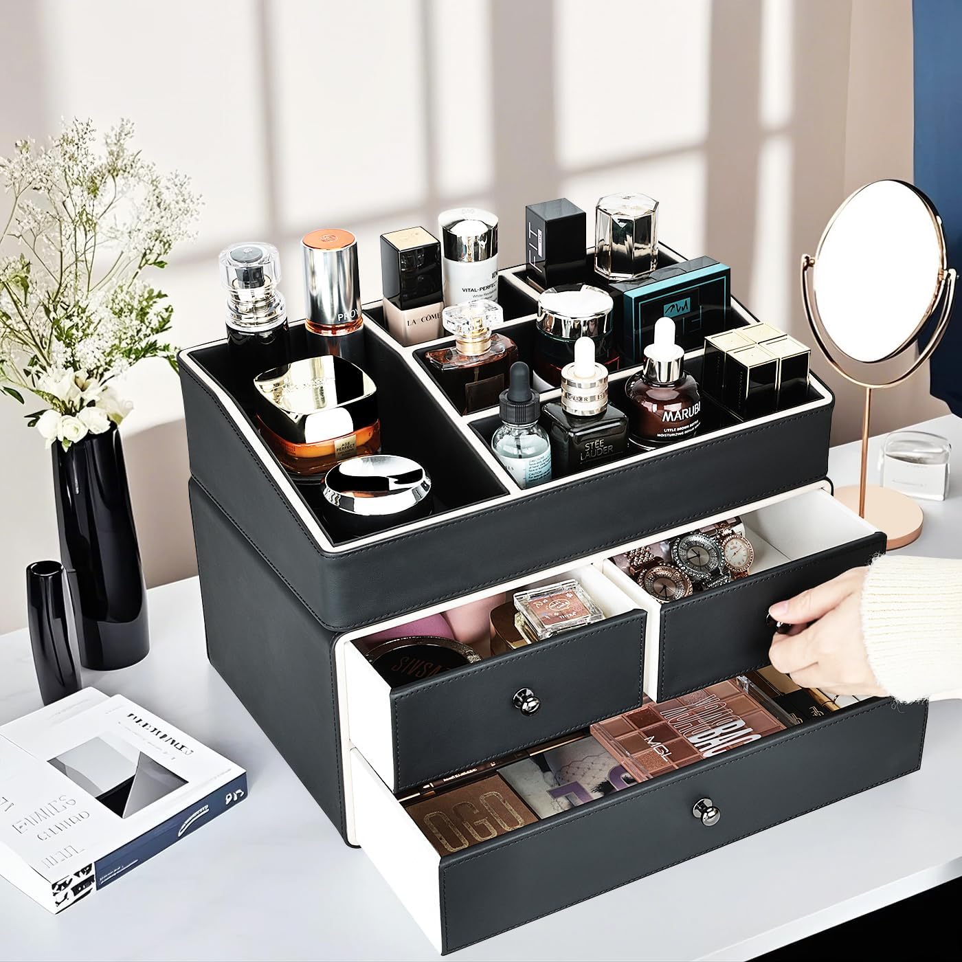 KINGFOM 2 Tier PU Leather Makeup Organizer with 3 Drawers, Cosmetic Storage Organizers for vanity Dresser Countertop and Bathroom Vanity, Beauty Holder for Lipstick Brush Skincare (Black)