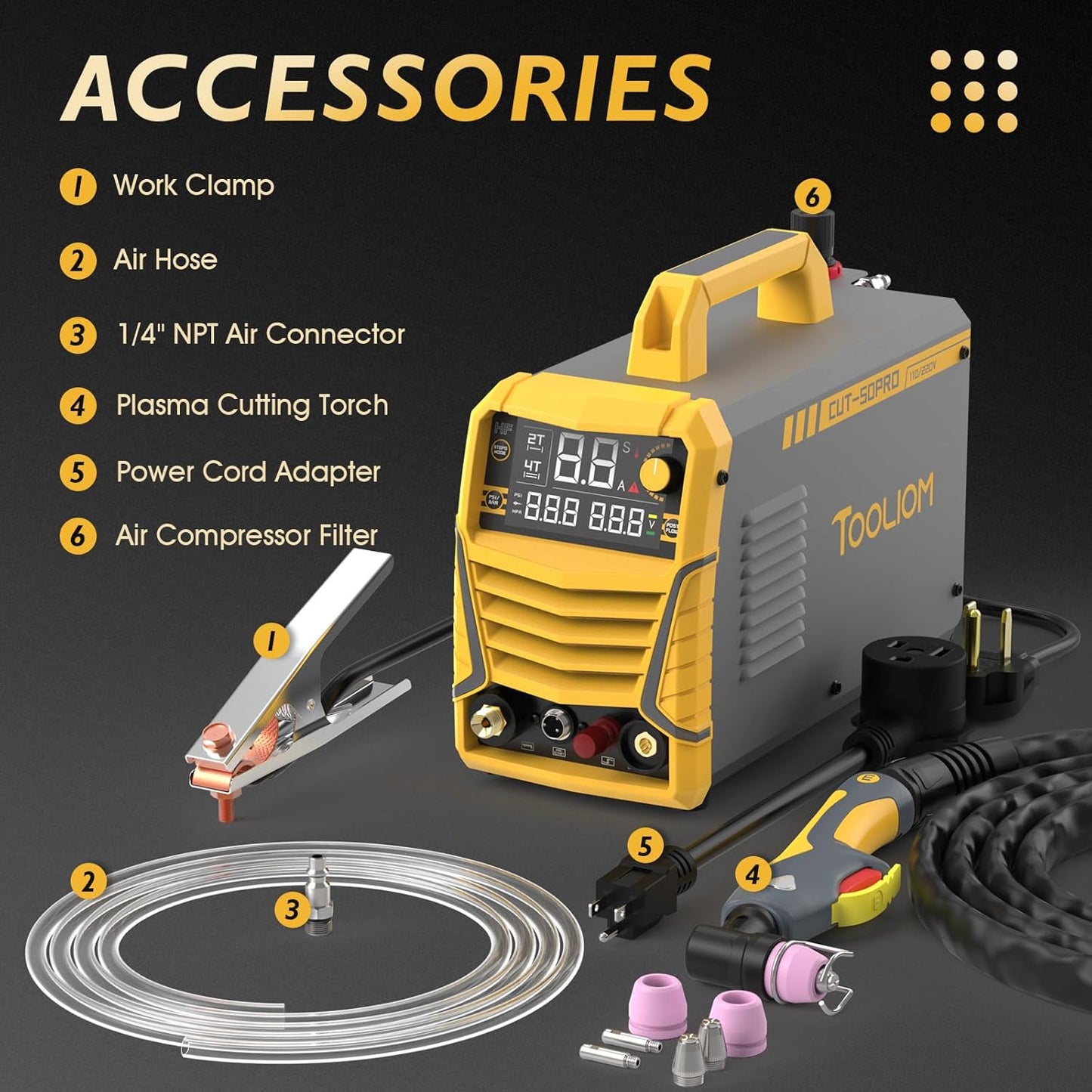 TOOLIOM Plasma Cutter, Non Touch Pilot Arc, Large LED Display 50 Amps Cutter Machine with 110/220V Dual Voltage, IGBT Maximum 3/4 Inch Clean Cut DC Inverter Cutting Machine