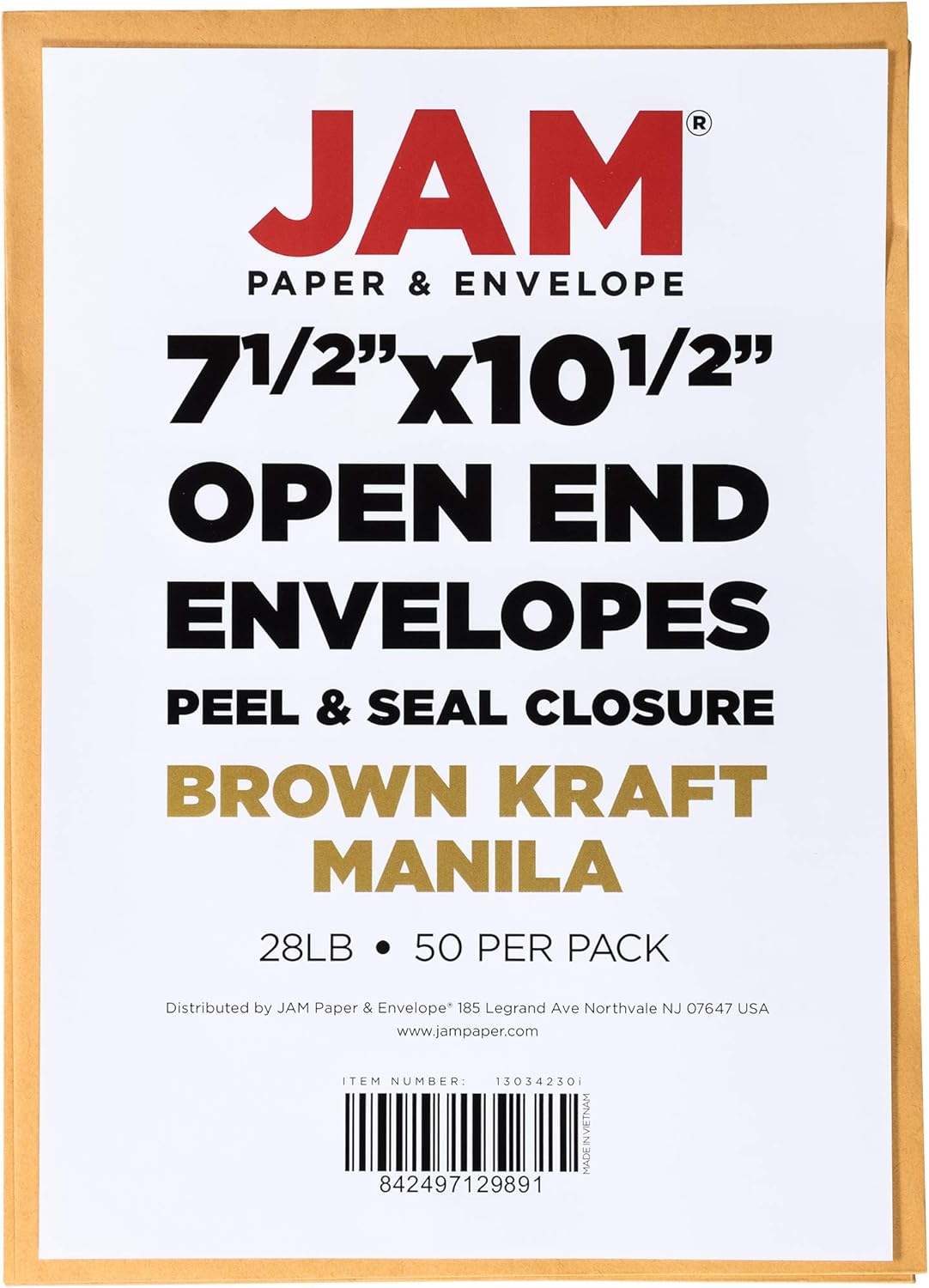 JAM PAPER 7 1/2 x 10 1/2 Open End Catalog Envelopes with Peel and Seal Closure - Brown Kraft Manila - 50/Pack