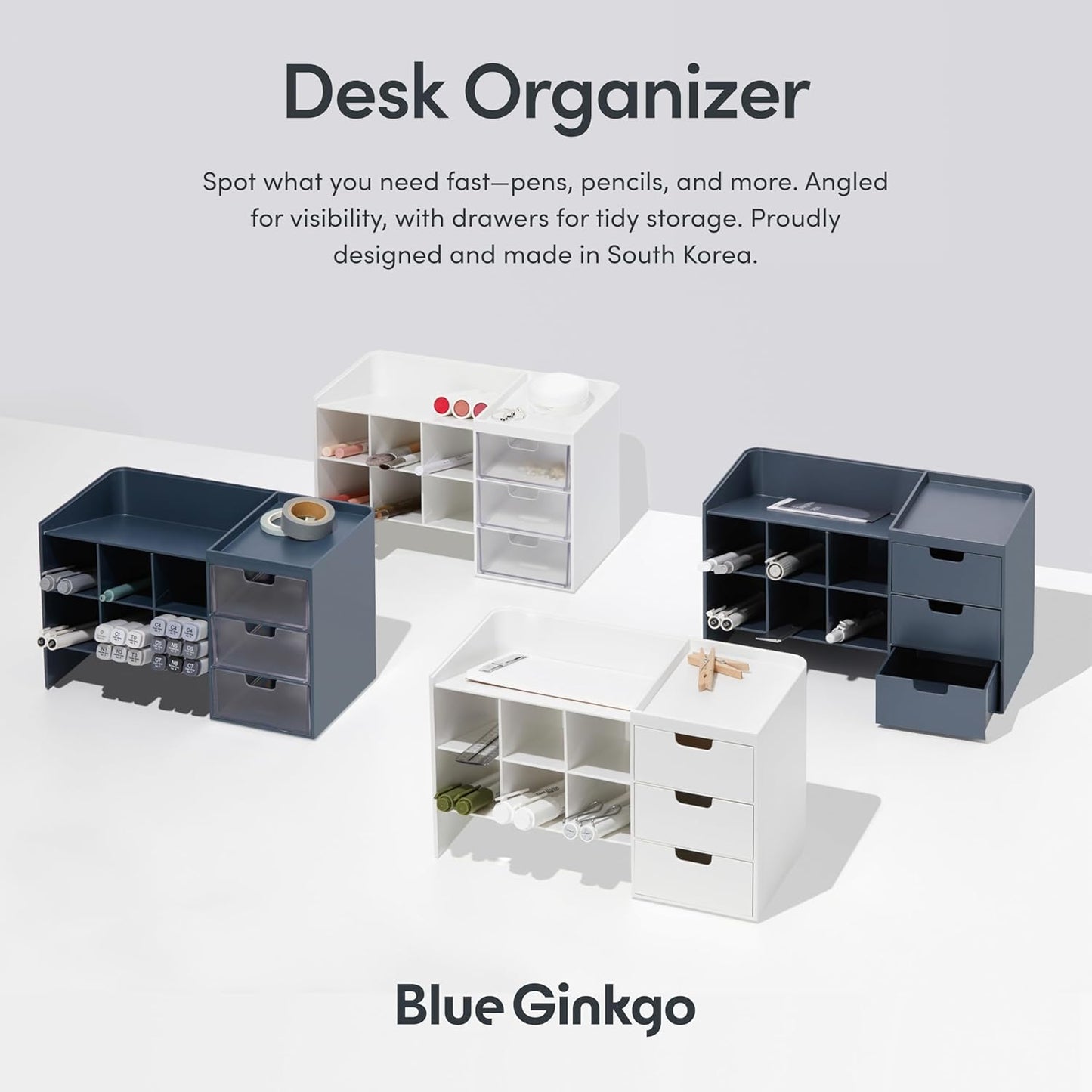 Blue Ginkgo Hive Stack Desk Organizer – Stackable Pen Holder, Stationary Organizer with Drawers - Office Storage, School Supplies, Makeup (Made in Korea, Blue Transperent)