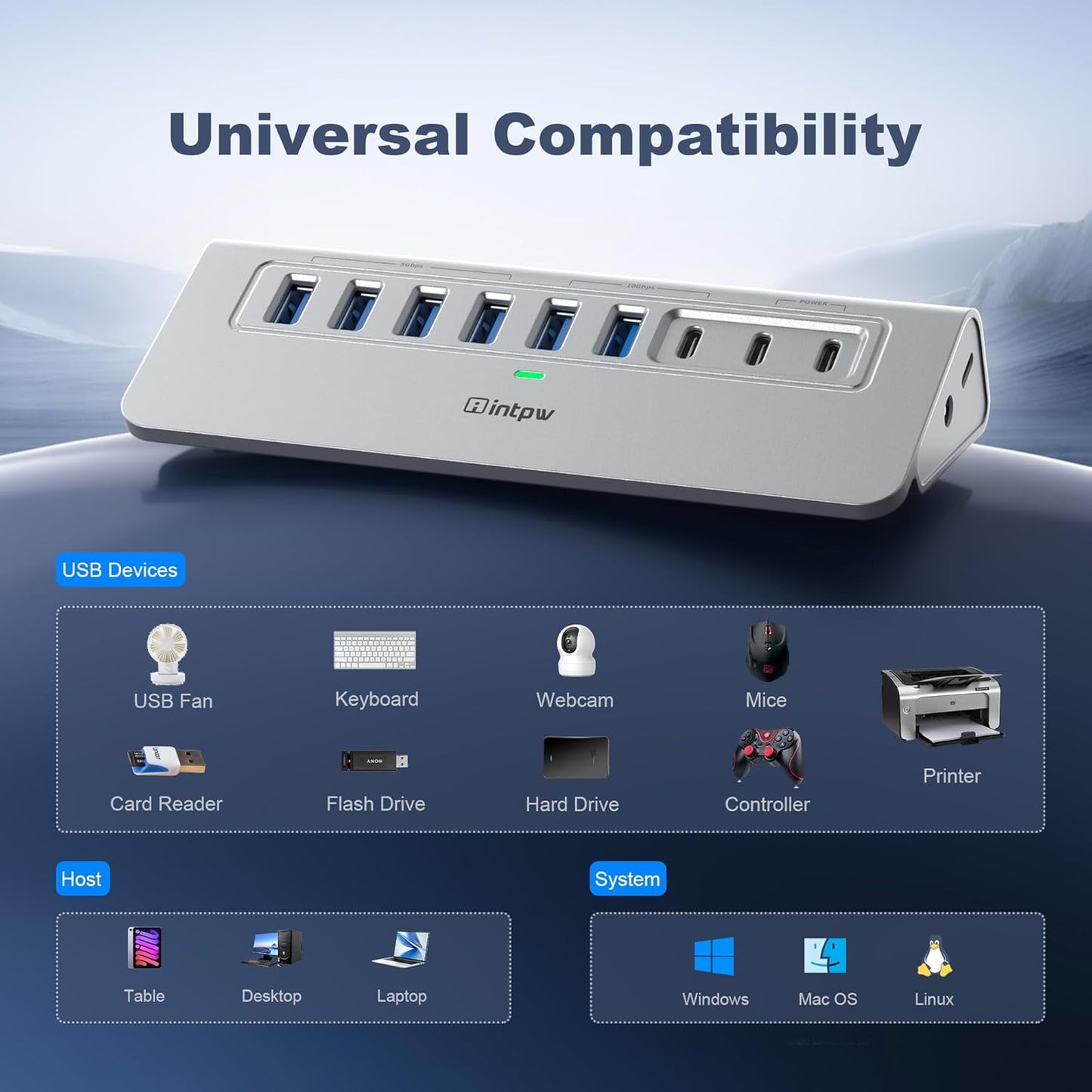 Powered USB Hub 10Gbps, intpw 9-Port USB 3.2 Hub, USB C Hub with USB A/USB C 3.2, 4 USB 3.0, 2 PD 45W Charging Ports, 65W Power Adapter and 3.3FT Cable, Aluminum USB Hub for Laptop, iPhone 16/15, PC