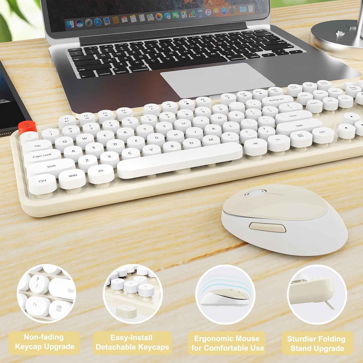 Wireless Keyboard and Mouse Combo, Ergonomic Full Size Typewriter Retro Round Keycaps Keyboard, Compatible with Windows, PC, Perfer for Home and Office Keyboards (Beige