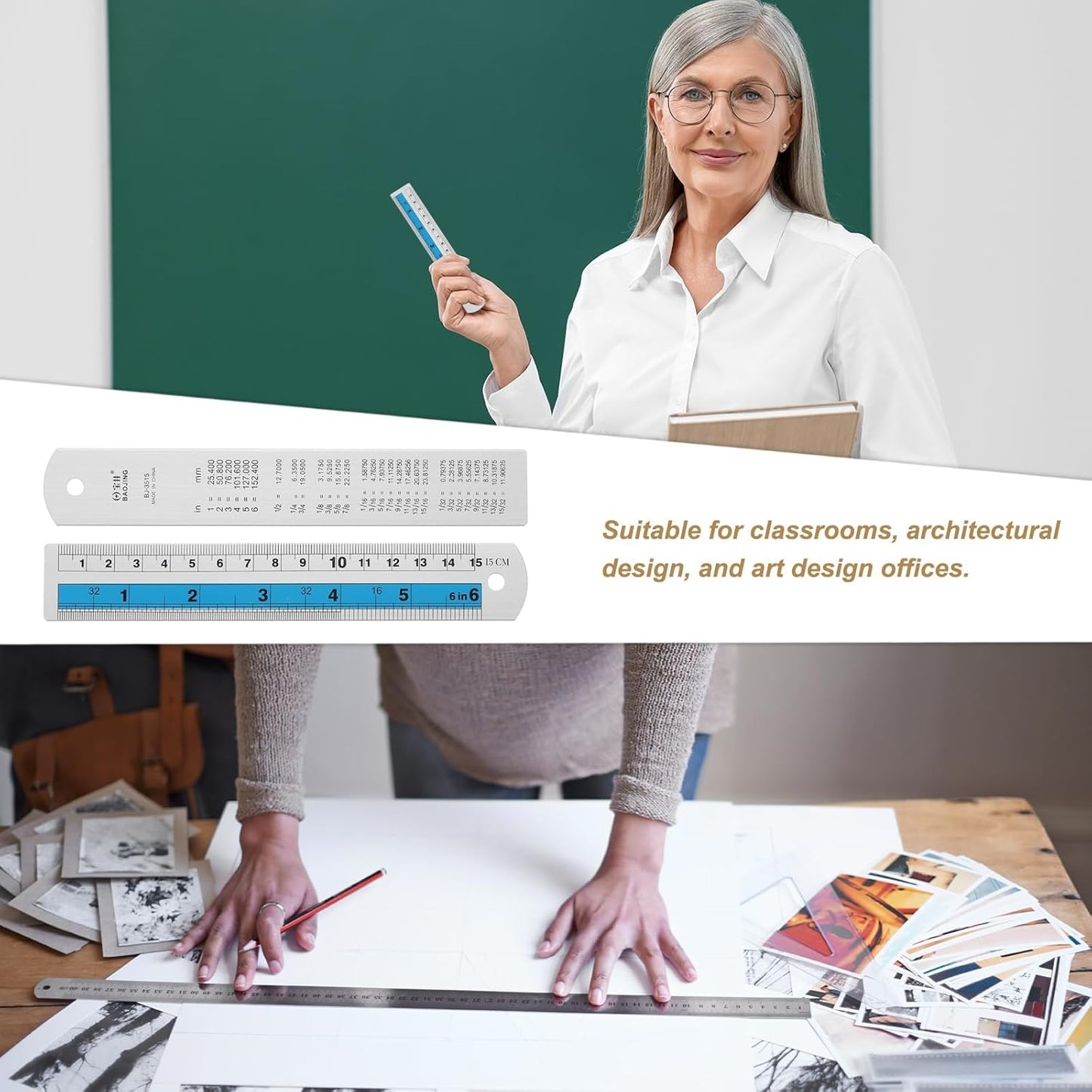 HARFINGTON 4pcs Metal Straight Ruler 15cm Metric SAE Aluminum Alloy Measuring Rulers Scale Tools with Hole for Measure Study Reading Classroom Office, Blue