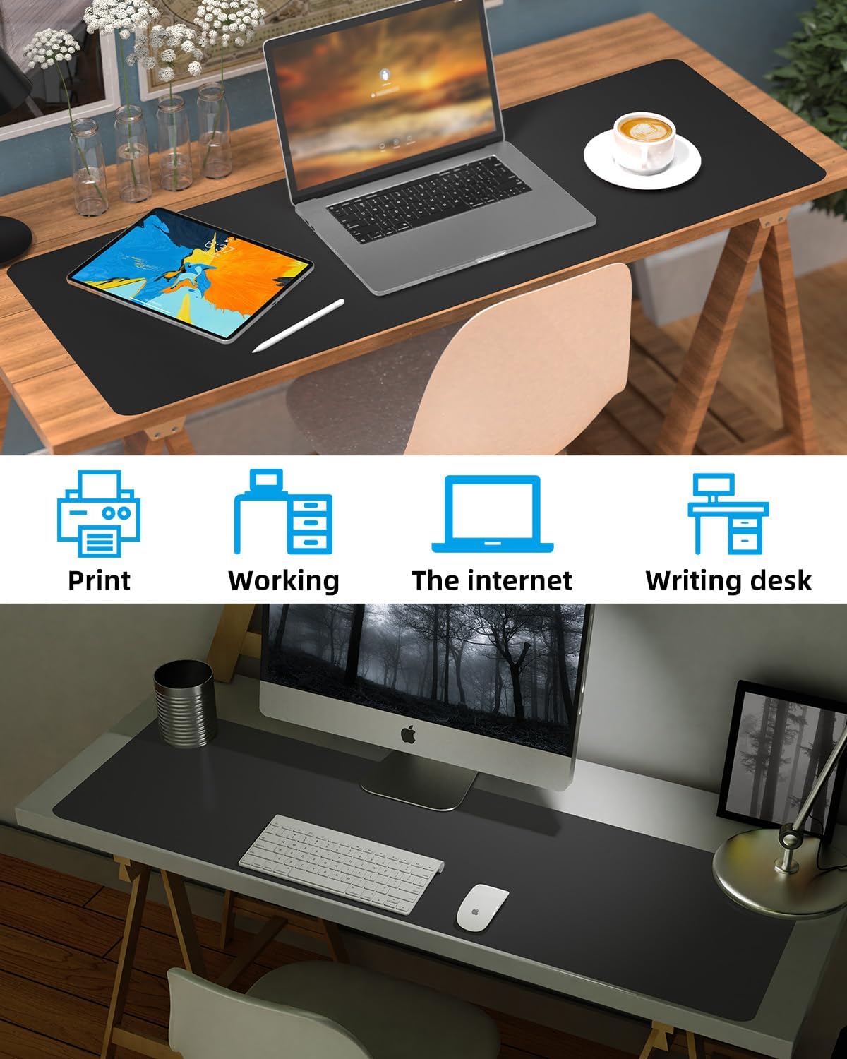 Extra Large Desk mat, Leather Desk Pad Protector,Office Desk Mat,Mouse Pad, Non-Slip Desk Blotter, Laptop Desk Pad, Waterproof Desk Writing Pad for Office&Home (Black, 55" x 17")