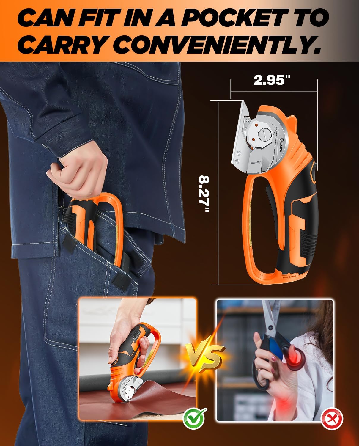 Saker Electric Box Cardboard Cutter,Cordless Elwetric Scissors for Fabric Leather Paper Plastic - Card Board Cutter Tool with 4V Recharged Battery - Safety Lock and LED Light for Cutting,Orange