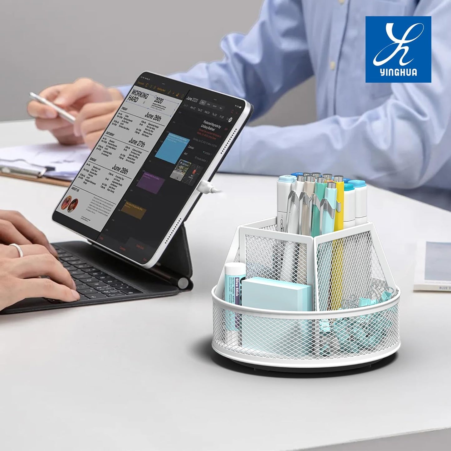 YINGHUA Metal Mesh Desk Organizer with 5 Compartments and Rotating Pencil Holder Pen and Stationery Organizer for Office Home School Anti Slip Base White