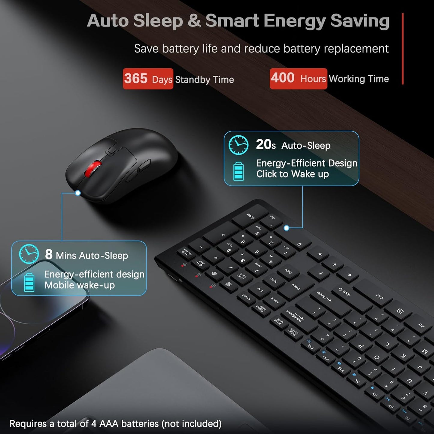 Wireless Keyboard and Mouse Combo,Quiet Click,Full Size Design with Number Pad,Ergonomic Mouse with 5 DPI,Sleep Mode-GAMCATZ 2.4G Slient Portable Cordless Combo for Laptop/PC/Computer/Mac(Black)