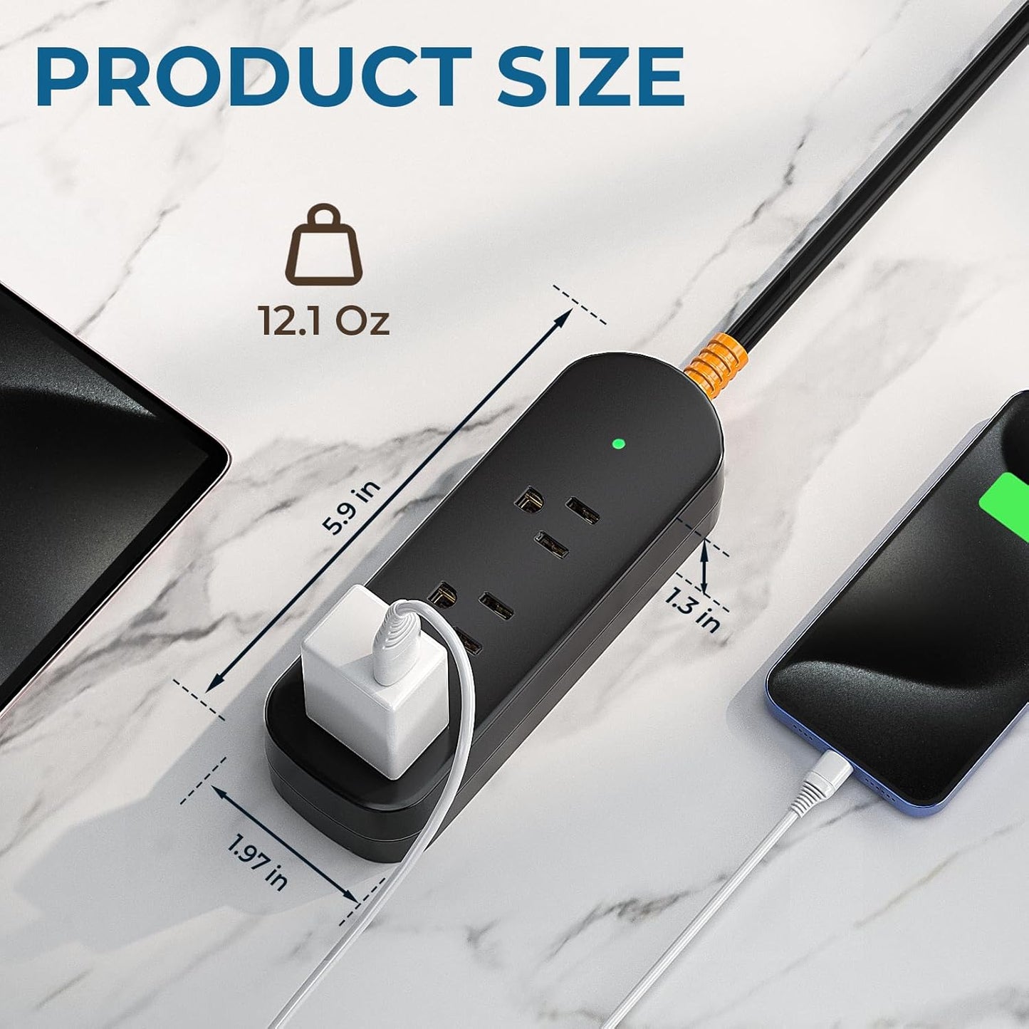 Surge Protector Power Strip,1625W/13A,5Ft Extension Cord with 3 Outlets,Waterproof Class 6 Heavy Duty Extension Cord for Indoor Outdoor,UL FCC IPX6 Listed (Black, 5FT)