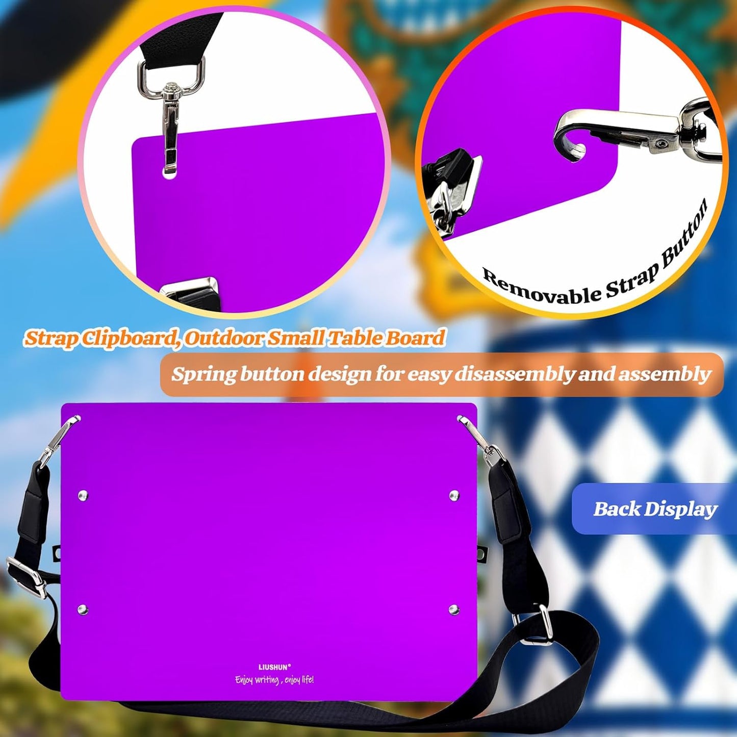 Aluminum Metal Clipboard with Detachable Adjustable Shoulder Strap A4 Double Clip Board Stainless Hangable w/Pen Holder Letter 9" x 12.6" for School Office Business Factory (Purple-with Strap, A4)