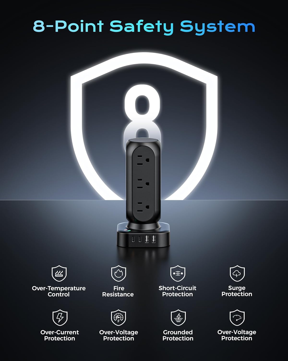 Tower Surge Protector Power Strip,12 AC Outlets & 8 USB Ports, Flat Plug 5FT Extension Cord with Multiple Outlets, 24W Outlet Extender Overload Protection for Home Office Room