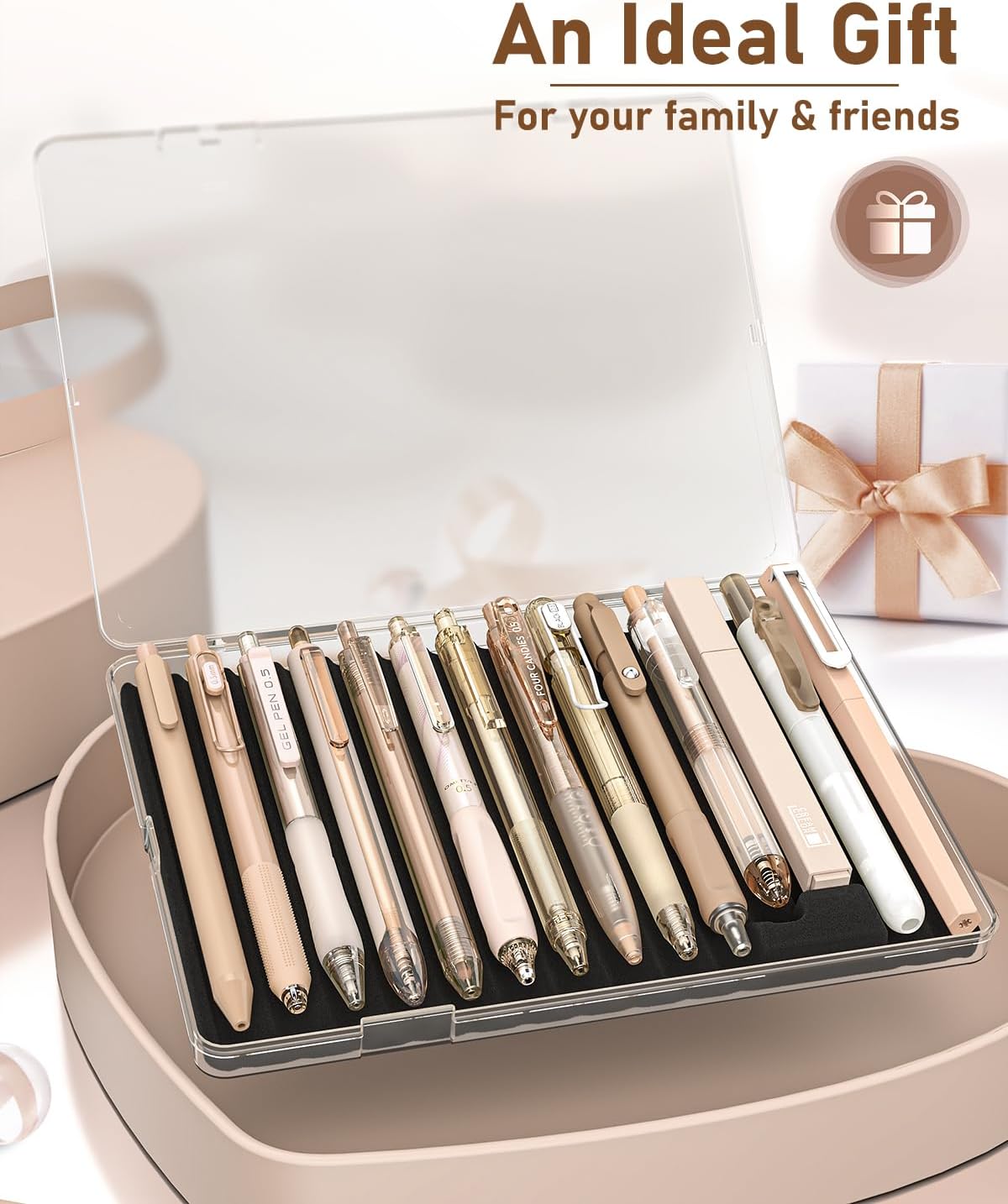 Four Candies 14Pack Pastel Gel Ink Pen Set,Cute Retractable 0.5mm Fine Point Pen,Note Taking Aesthetic Pens,12 Pack Black Ink Pens with 2Pack Highlighter, Smooth Writing Pens for School, Office(Brown)