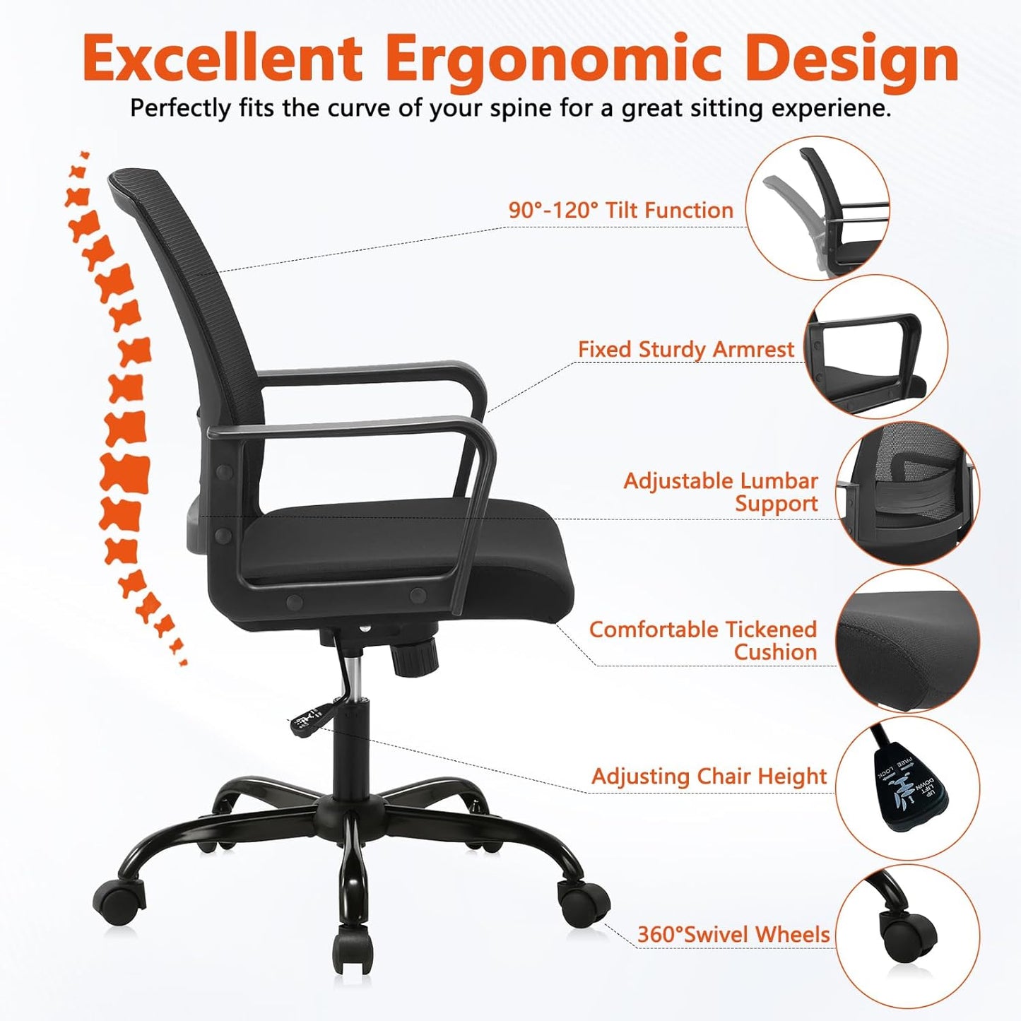 CLATINA Ergonomic Rolling Mesh Desk Chair with Executive Lumbar Support and Adjustable Swivel Design for Home Office Computer Black 4 Pack