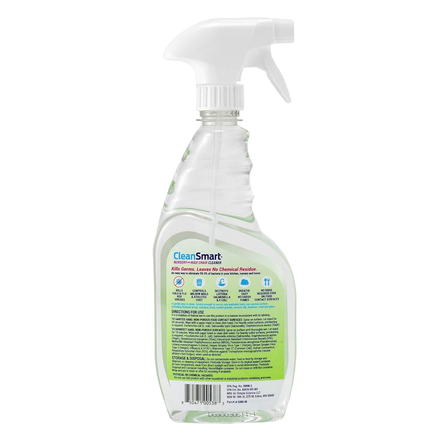 CleanSmart Nursery & High Chair Cleaner, 23 Ounce Bottle (Pack of 2), Hypochlorous Naturally Kills 99.9% of Viruses like RSV & Flu with Zero Residue