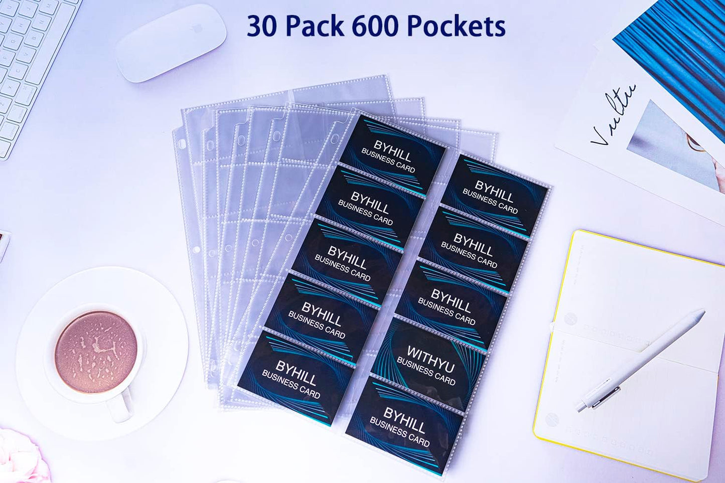 30 Pack 600 Pockets Business Card Sleeves Binder Sheets, Ultra-Clear Business Card Pages for 2/3/4 Ring Binder, Double Sided 10 Pocket Credit Card Pages