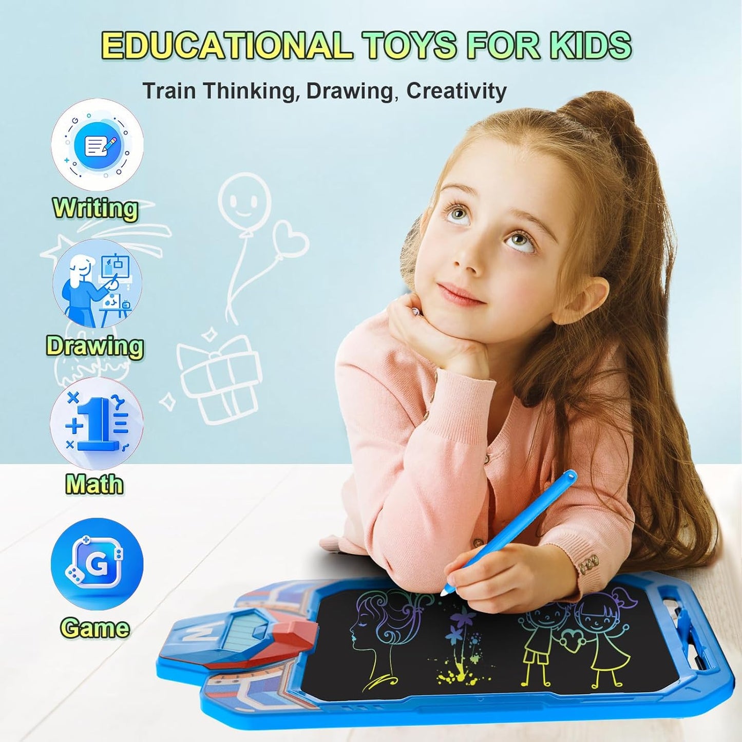 10 Inch LCD Writing Tablet for Kids – Masked Warrior & Captain M Hero, Erasable Doodle Board Drawing Pad, Travel Educational Toy for Toddlers 3-8, Birthday Boys & Man (Blue)